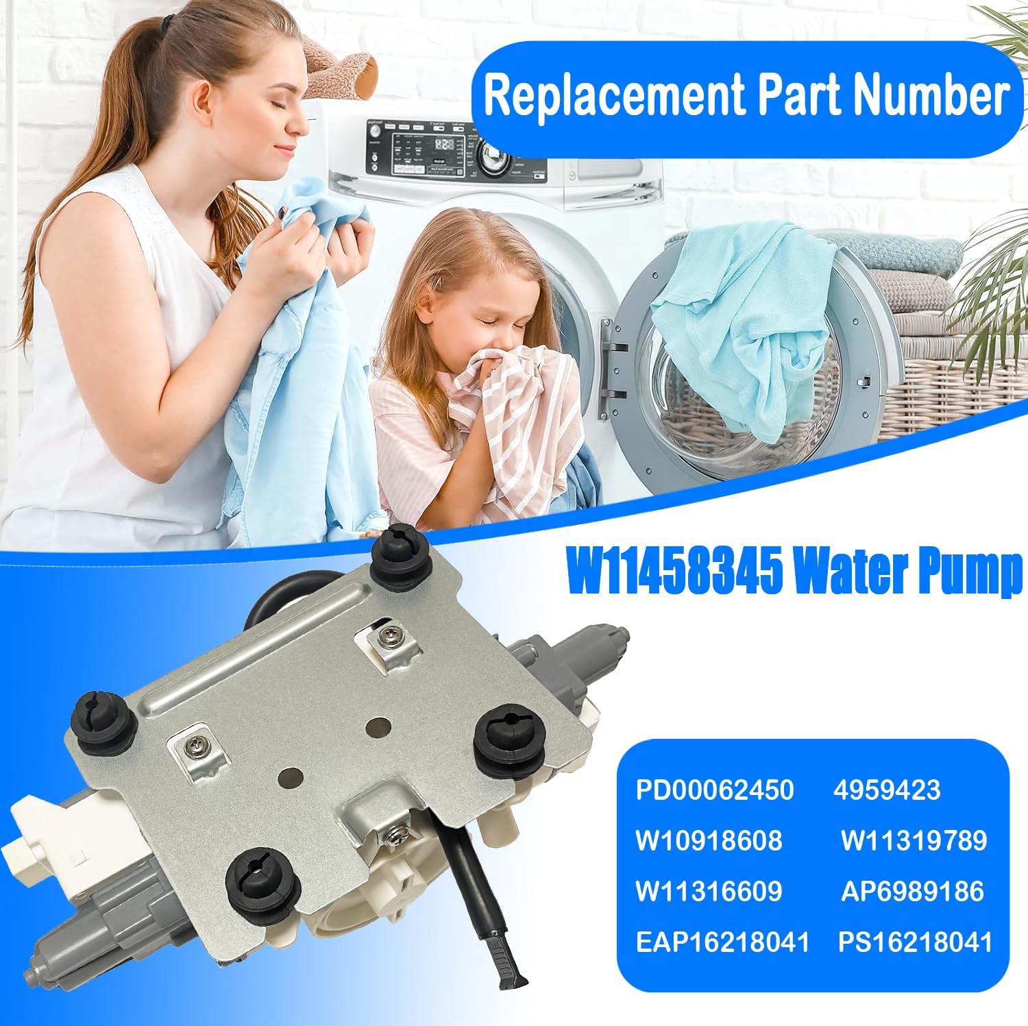 W11458345 Washer Drain Pump W10918608 Washing Machine Drain Pump Assembly Fit for Whirlpool Maytag W11316609 W11319789 4959423 AP6989186 PS16218041 EAP16218041 WFW6620HC0 WFW6620HC2 MHW5630HW0