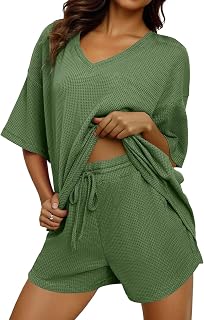 Dokotoo Women's 2 Piece Loungewear Sets Casual Short Sleeve Womens Tops Drawstring Shorts Pants Waffle Knit Sets