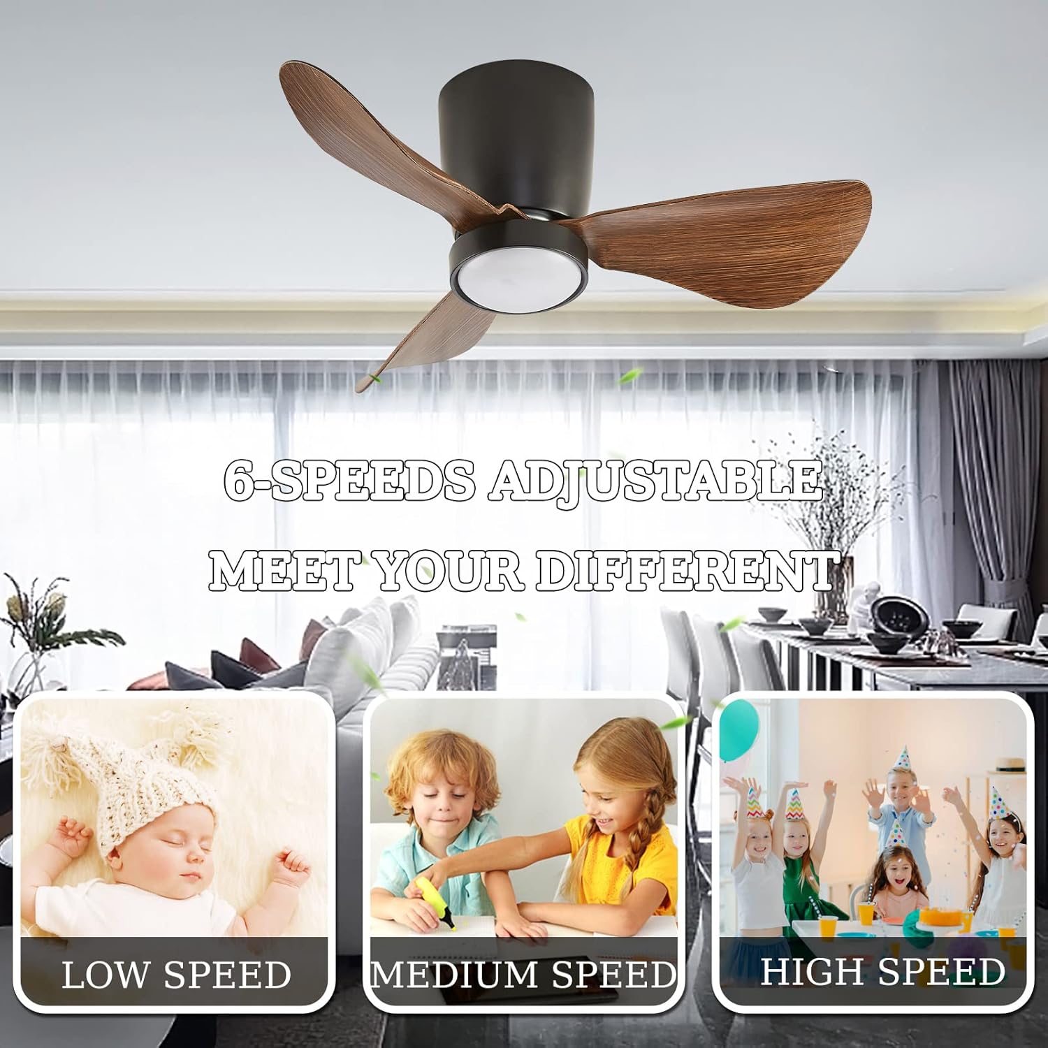 YUEGOO Ceiling Fans with Lamps,Kids Bedroom Fans with Ceiling Lights, Modern Led Dimmable Fan Lighting with Remote Control 6 Speed Adjustable Fan Lamp for Indoor Living Room/Brown