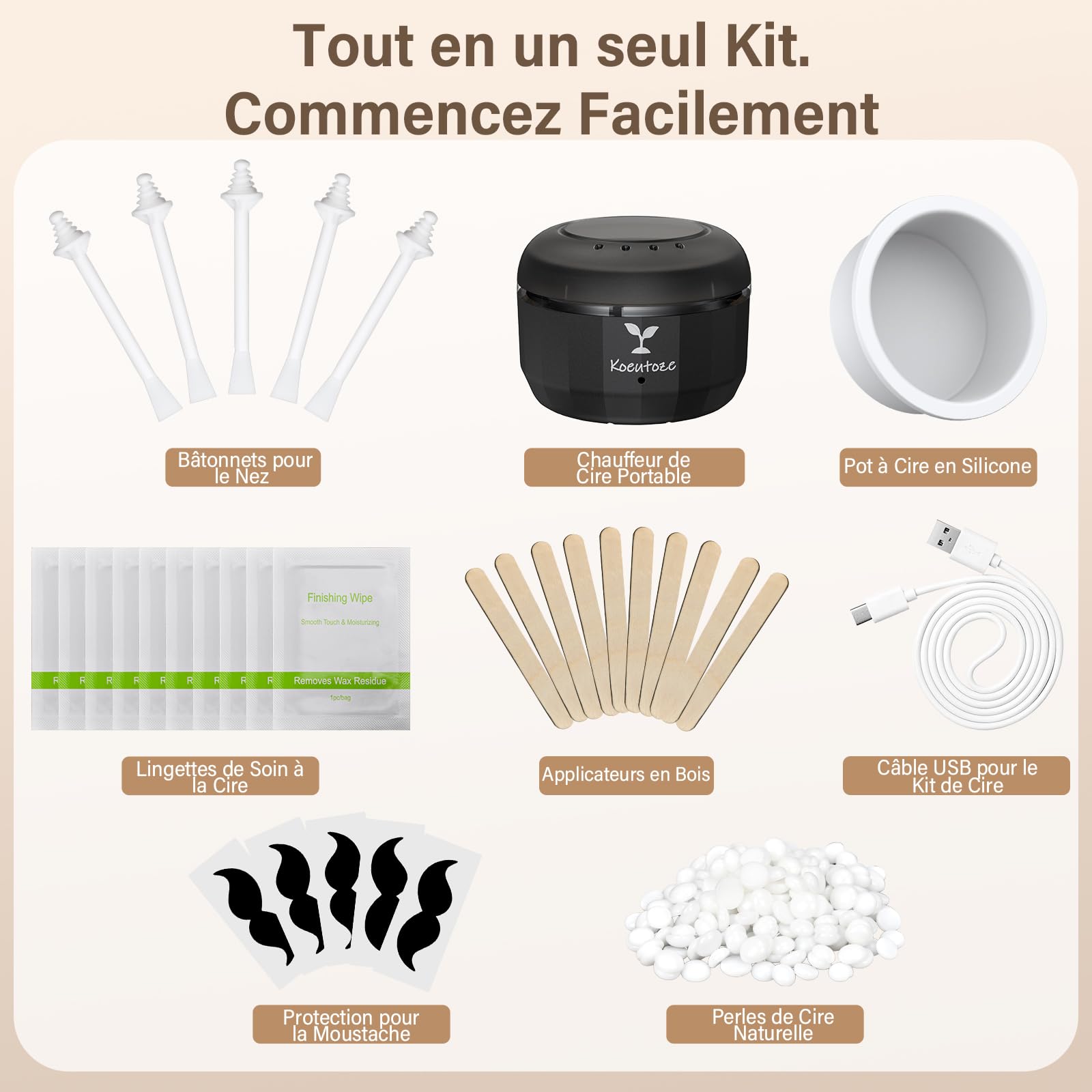 Cire Epilation Nez Kit pour Hommes et Femmes, Chauffe Cire epilation Visage avec 100g Perles de Cire, 5 Bâtonnets Nasaux et Oreilles, 10 Pochoirs Moustache, Chauffe USB & Température Stable