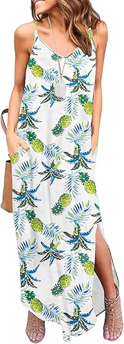 HUSKARY Women's Summer Casual Sleeveless V Neck Strappy Split Loose Dress Beach Cover Up Long Cami Maxi Dresses with Pocket