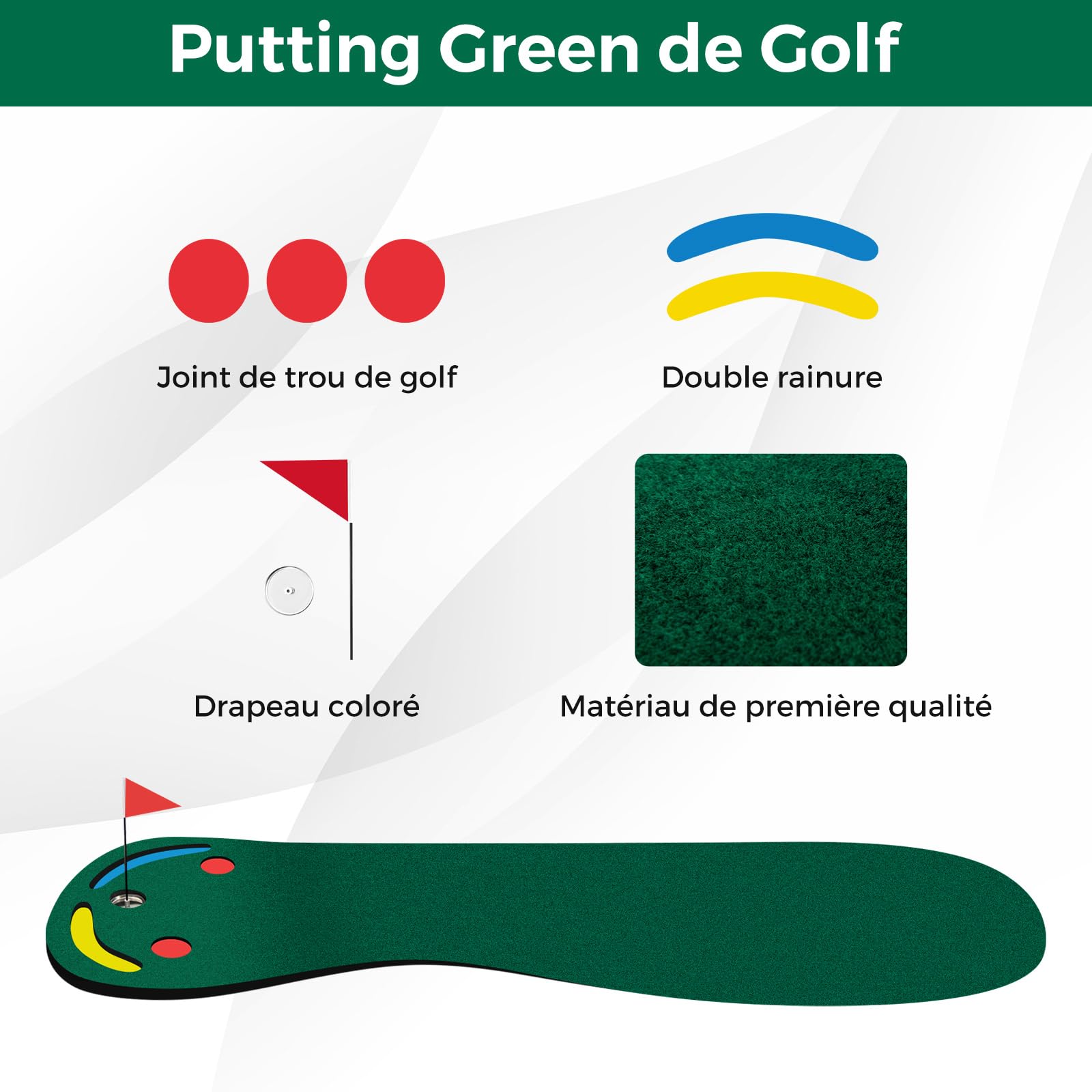 GOPLUS Tapis de Putting Entraînement Golf, Tapis Golf en Intérieur et Extérieur avec 1 Drapeau, 3 Gobelets de Putting, Tapis de Putting pour Enfants et Adultes 300 x 96 cm