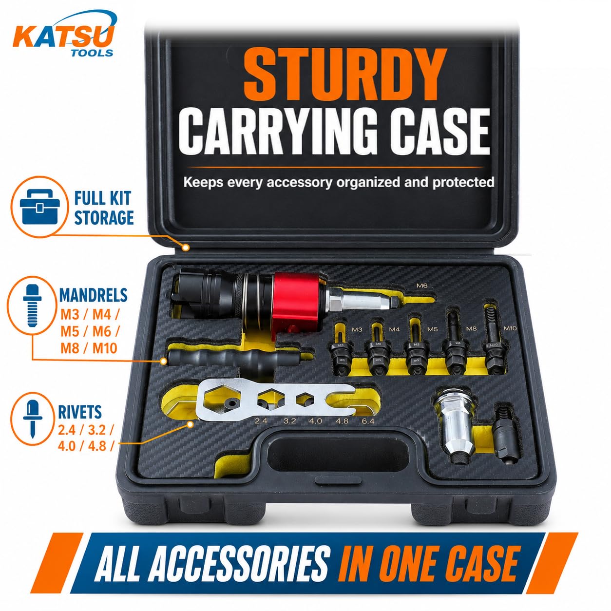 KATSU Tools Accesorio de tuerca remachadora, kit adaptador de pistola de remache multifunción 2 en 1, herramienta de remachado para taladros eléctricos inalámbricos, modelo 405531