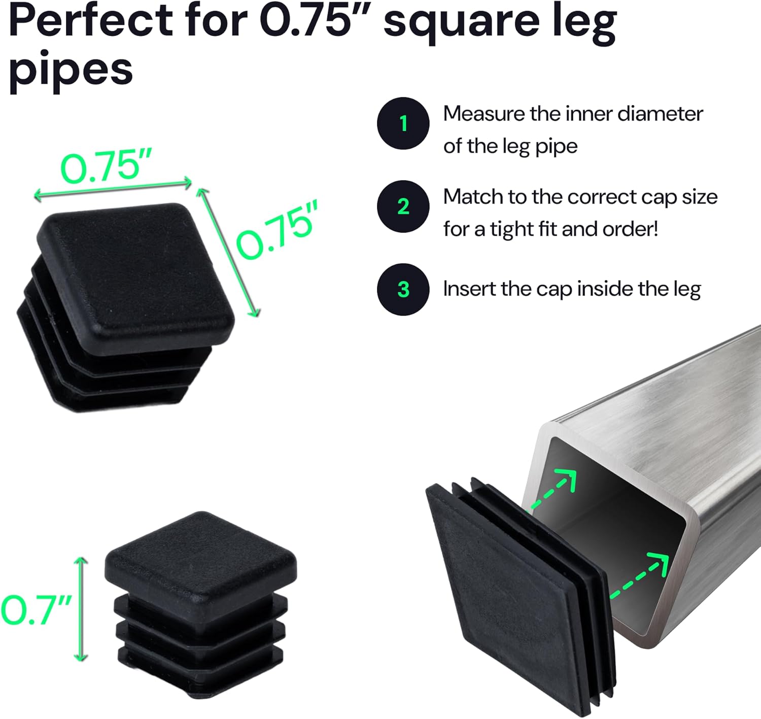 CasterMaster Square Furniture End Leg Caps, Flexible Plug for Chairs Tables & Outdoor Furniture (Black, 0.75'' - 16 Pack)