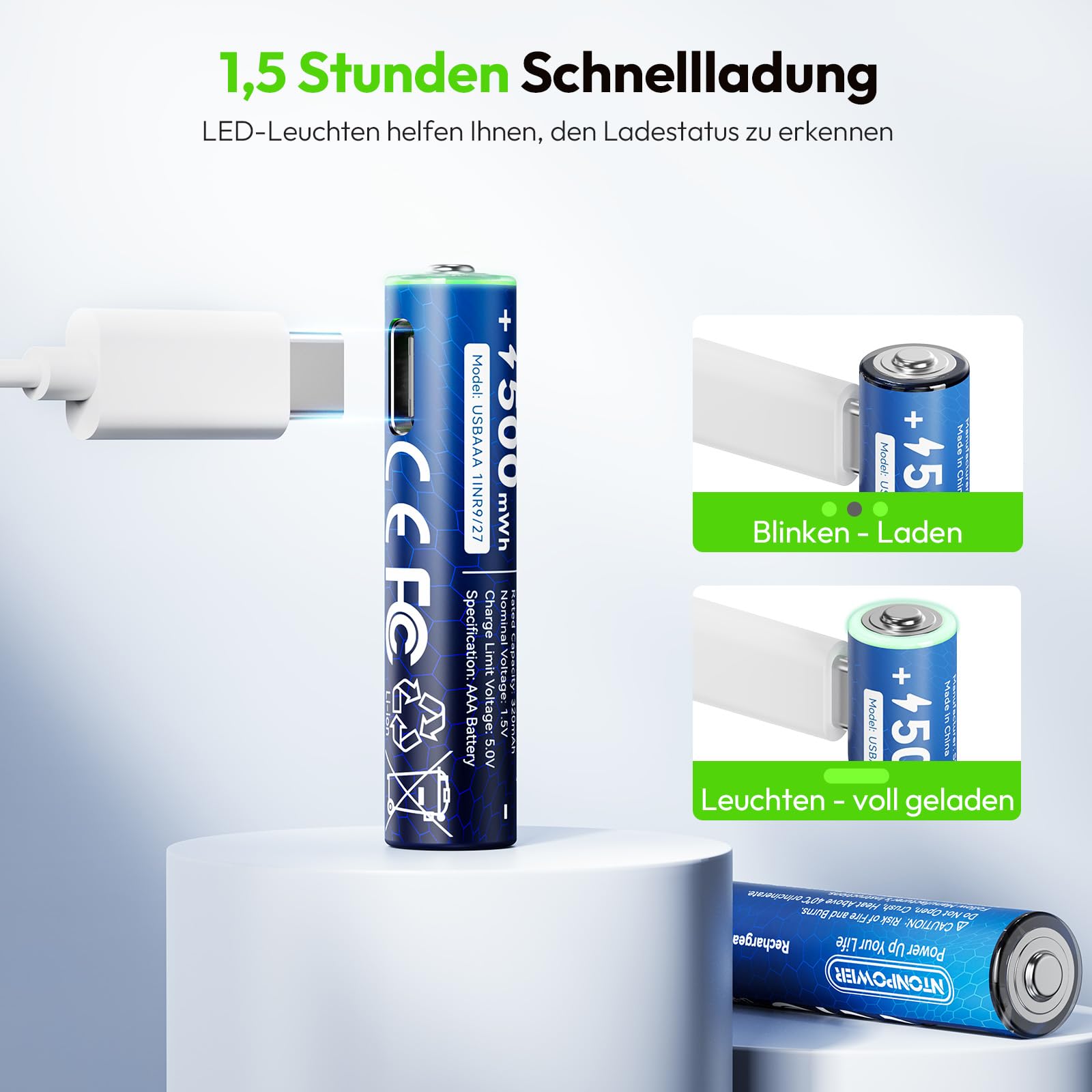 NTONPOWER Pilas AAA de litio 1,5 V 500 mWH con USB-C Lith baterías recargables con cable, 8 unidades, para linterna, juguetes, mando a distancia