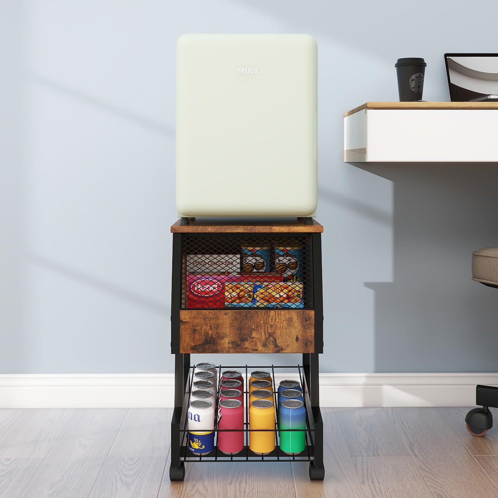 Soporte compacto para refrigerador con almacenamiento de bebidas y ruedas, mesa refrigeradora personal para refrigerador, mini soporte para refrigerador, carrito pequeño para dormitorio, hogar, 7