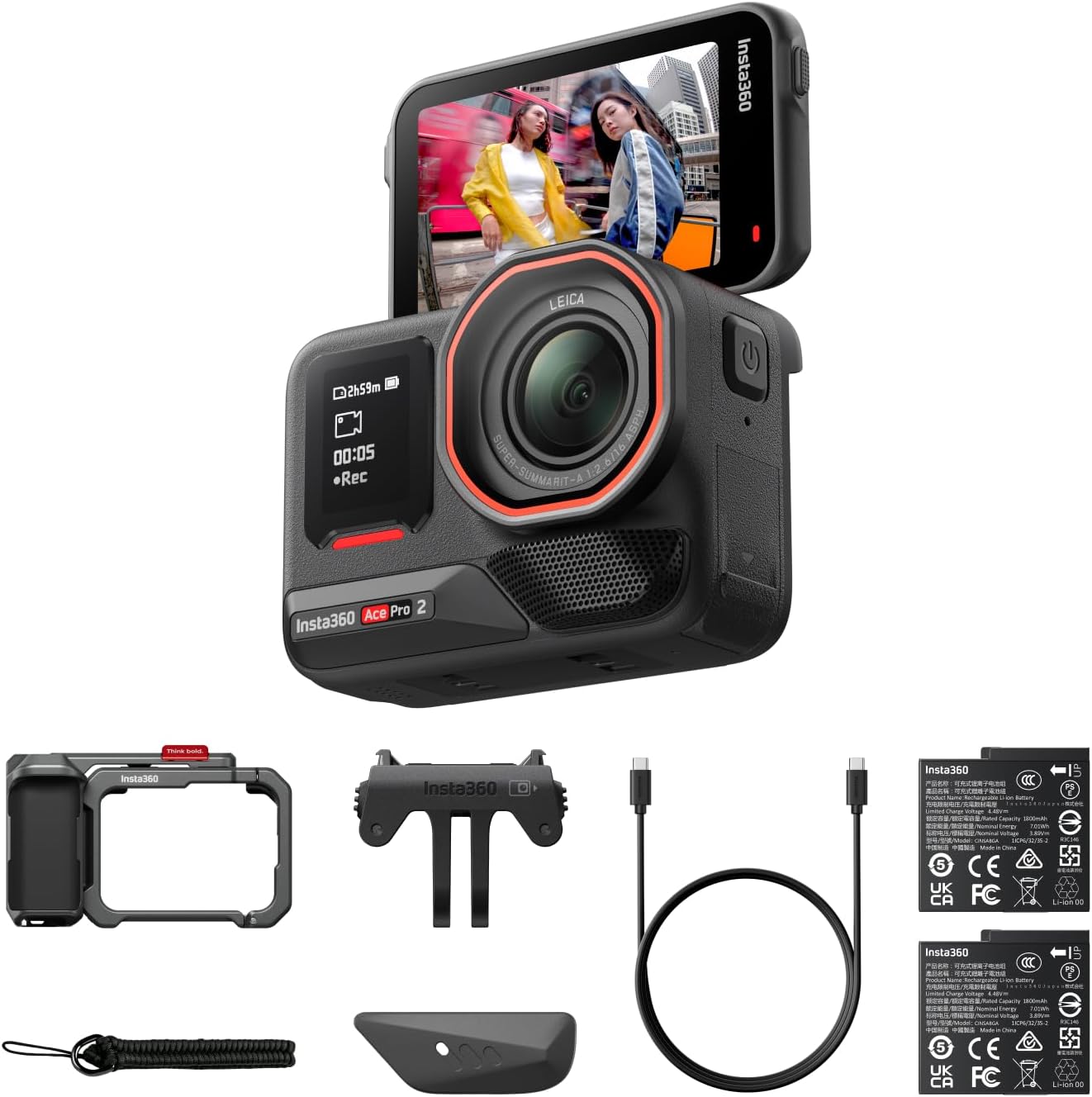 Ace Pro 2 Xplorer Bundle Dual Battery- 8K Waterproof Action Camera Co-Engineered with Leica, 1/1.3" Sensor, Dual AI Chip, Leading Low Light, Superior Audio, Flip Screen & AI Editing for Vlogs