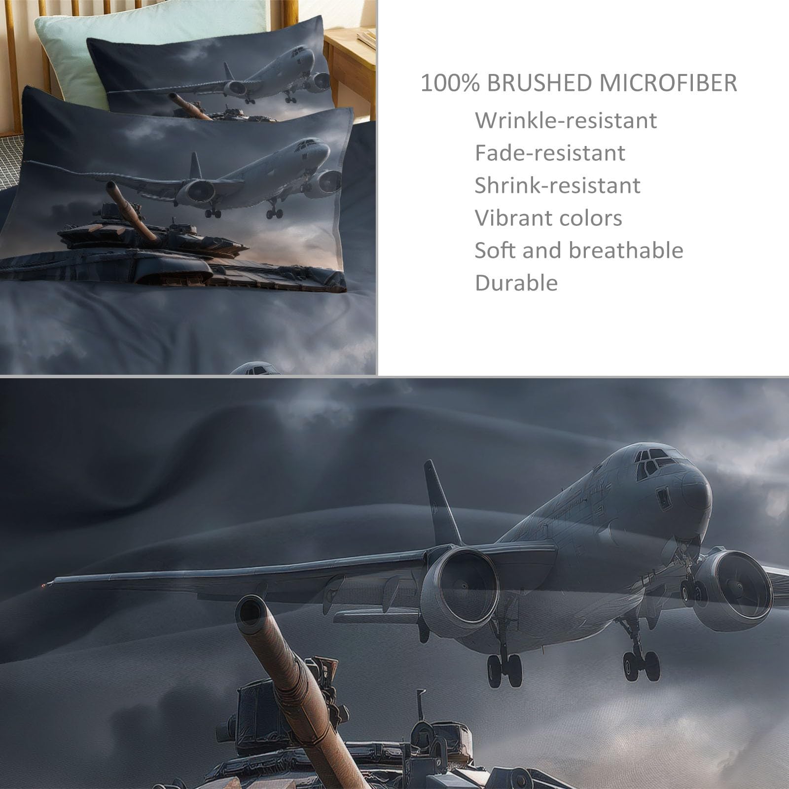 Komplet pościeli wojskowej, kamuflaż, pancerz, bojowy jet 240 x 220 cm, poszewka na kołdrę z miękkiej mikrofibry, ciemnoszara, 3-częściowy z lekko poruszającym się zamkiem błyskawicznym i 2