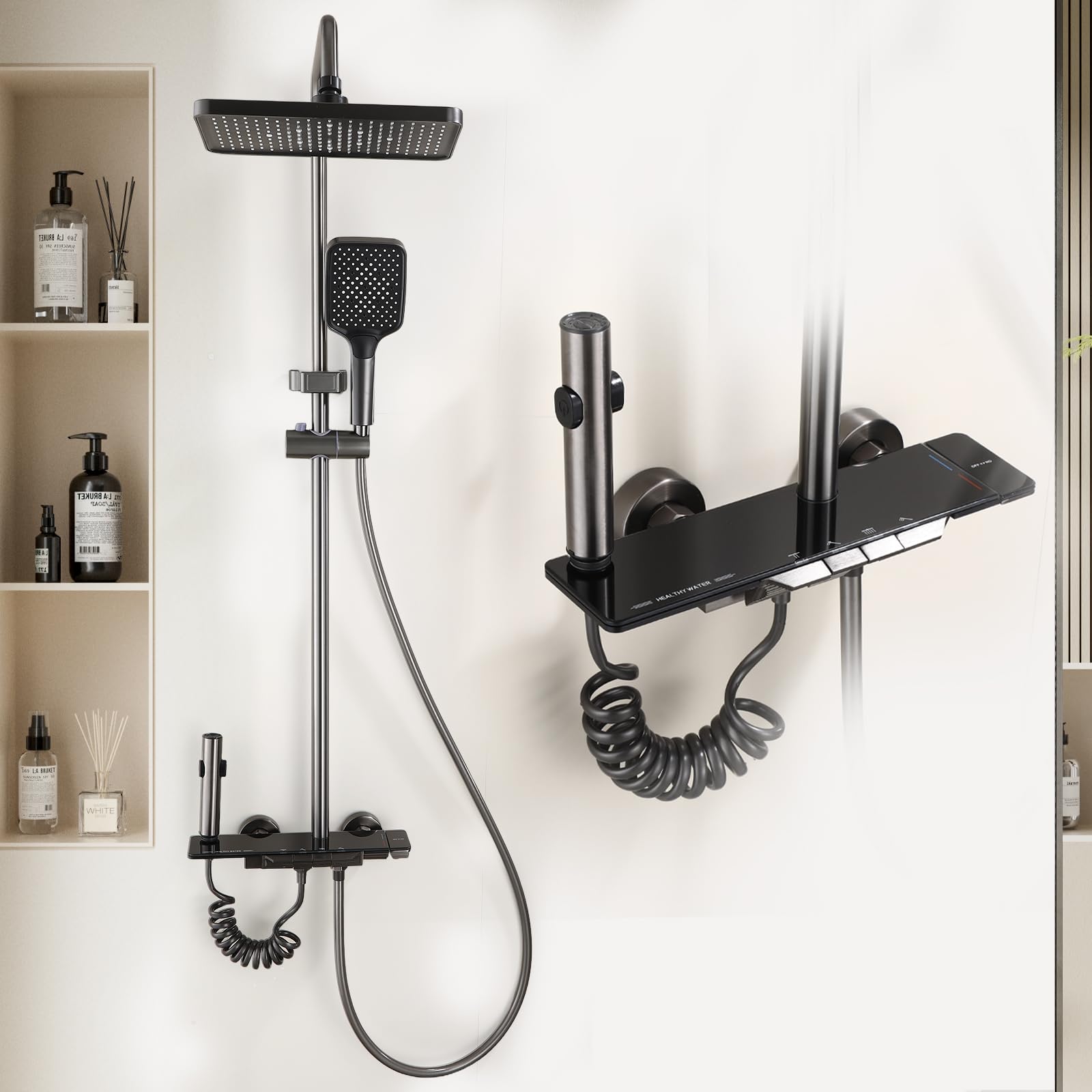 Columna de Ducha Negro con 4 Botones de Piano, Sistema de Ducha con Rociador de Lluvia y Ducha de Mano, Conjunto de Ducha Ajustable en Altura 67-107cm para Baño-D5