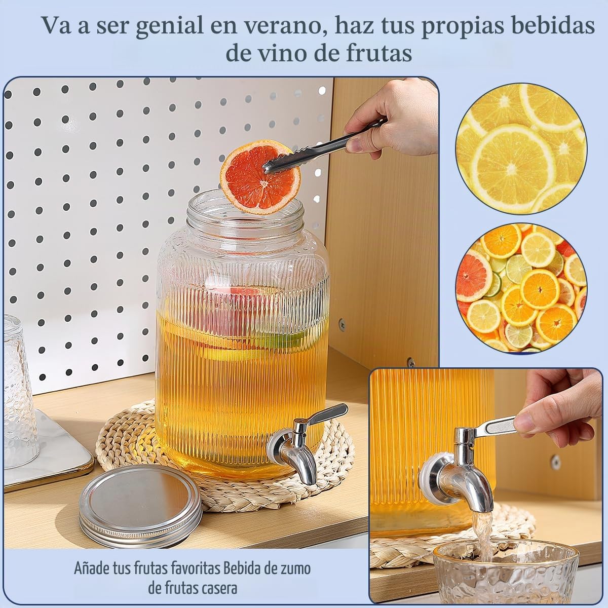 Evanda Dispensador de bebidas de vidrio con grifo de acero inoxidable a prueba de fugas, Dispensador de bebidas heladas de 4L, Dispensador de bebidas para tetera de frutas para hacer té helado