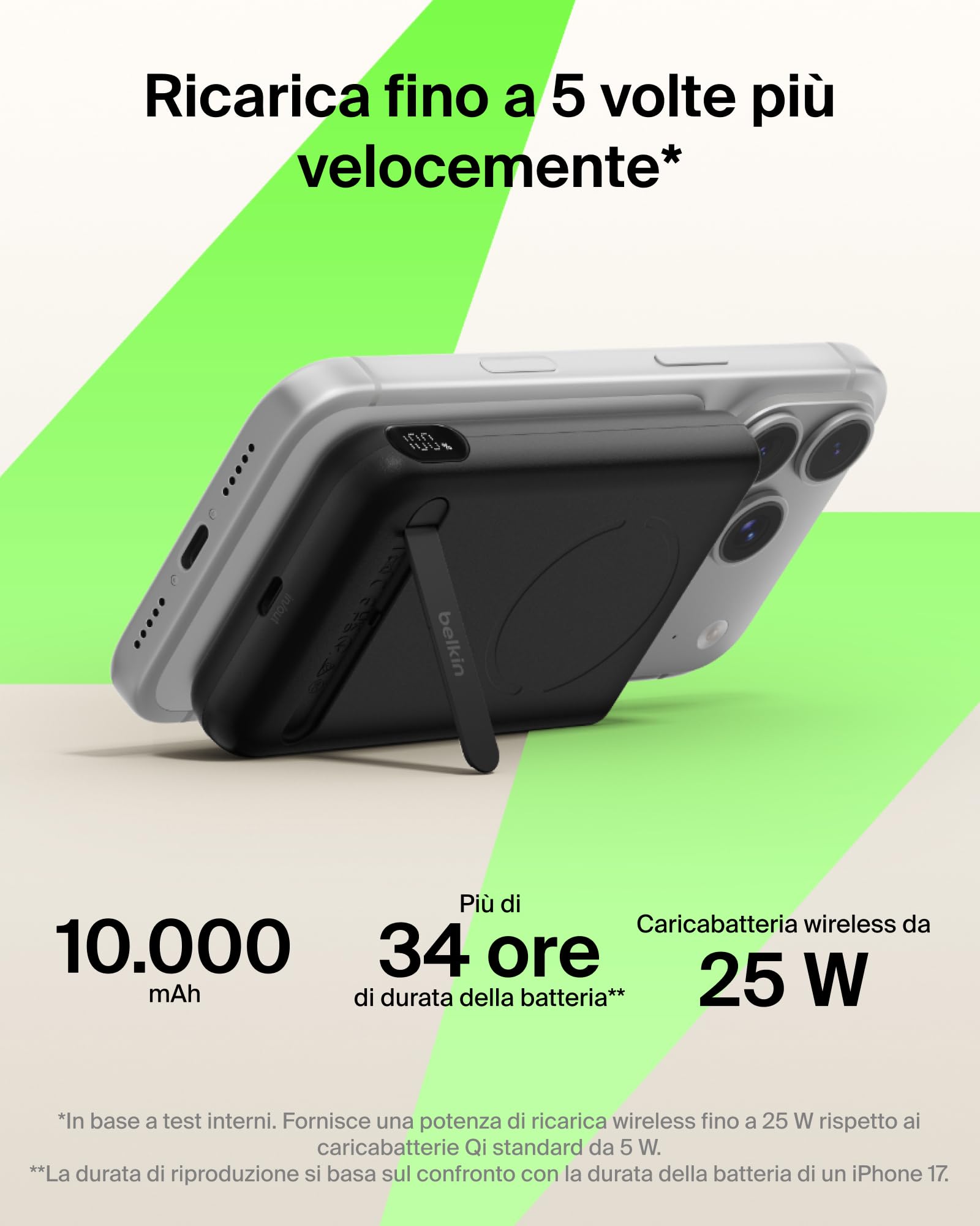 Belkin BoostCharge Power Bank Magnetico 5000mAh con Supporto - Nero | Caricatore Portatile 5000mAh Wireless, Anello Magnetico, Porta USB-C, Pre-Caricato, Cavo Incluso, Sicuro per l'Aereo