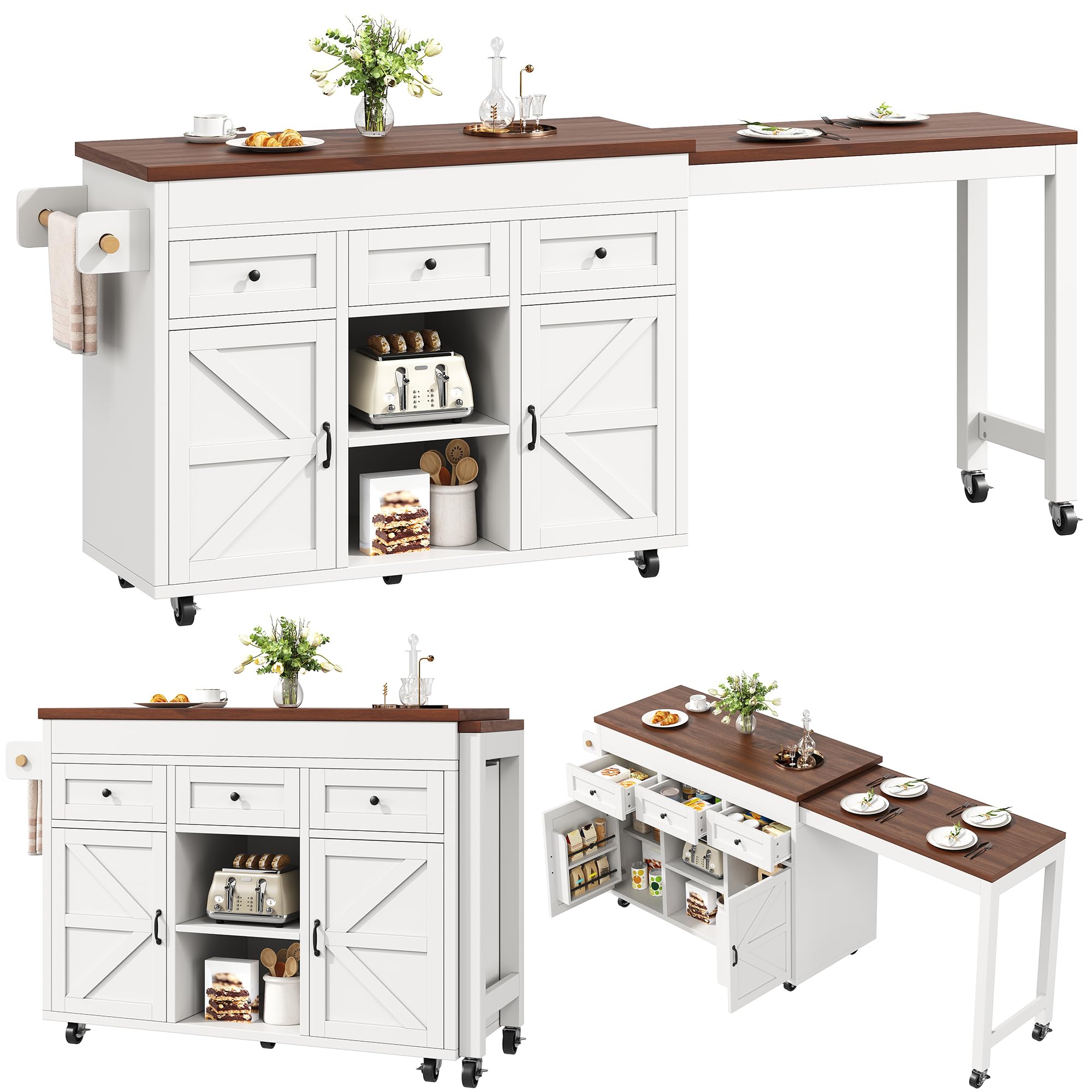 Kebnor Isola cucina con vano portaoggetti, tavolo da pranzo allungabile tavolo da bar (131,5-210 cm), girevole a 360°, con cassetti e armadi, piano di lavoro versatile per cucina, sala da pranzo e