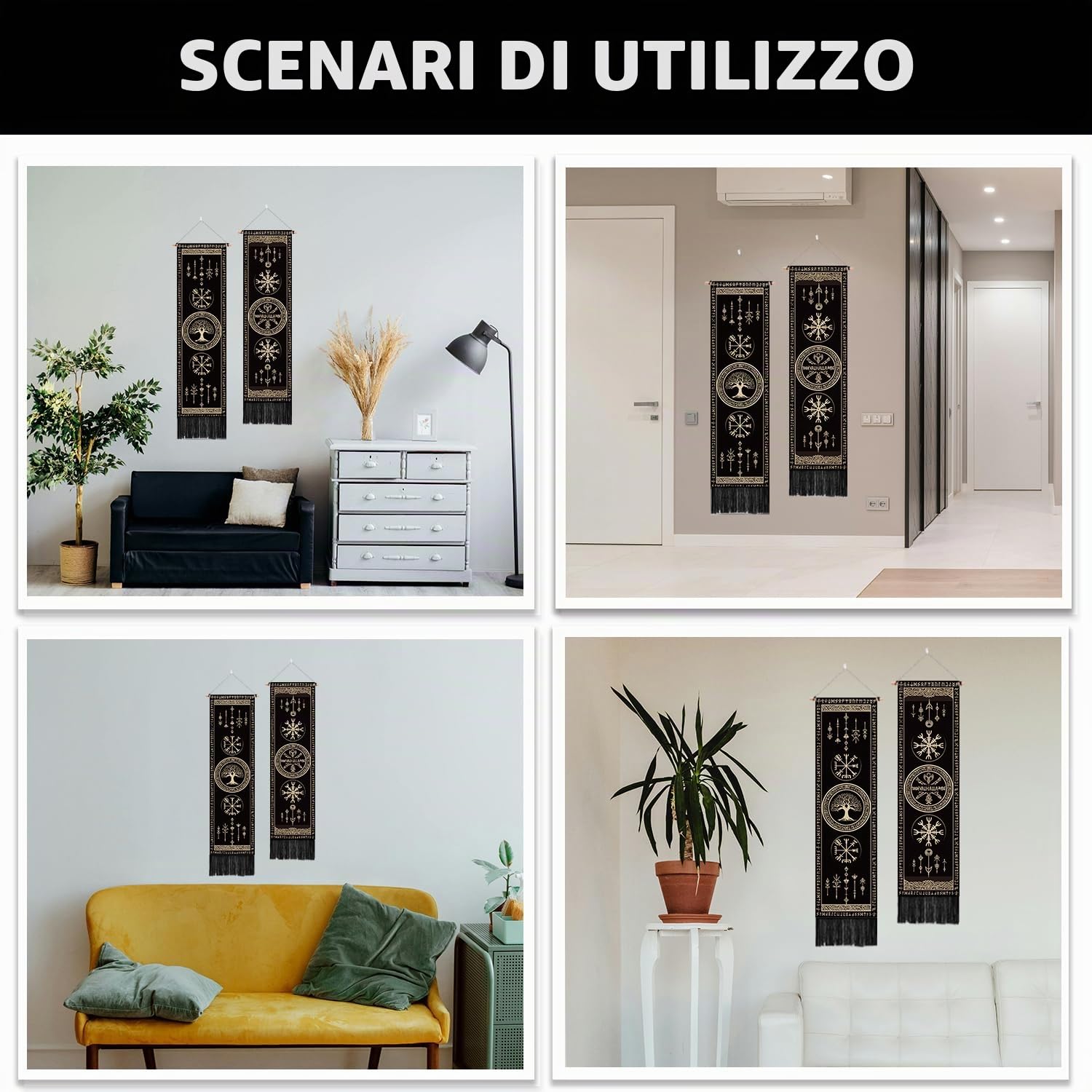 PLIGREAT Confezione da 2 Arazzi Vichinghi con Simboli e Nappe, Arazzo con Albero della Vita, Arazzo Estetico Verticale, Decorazione per Casa, Arazzo per Camera da Letto, Bagno, Soggiorno, Decorazione