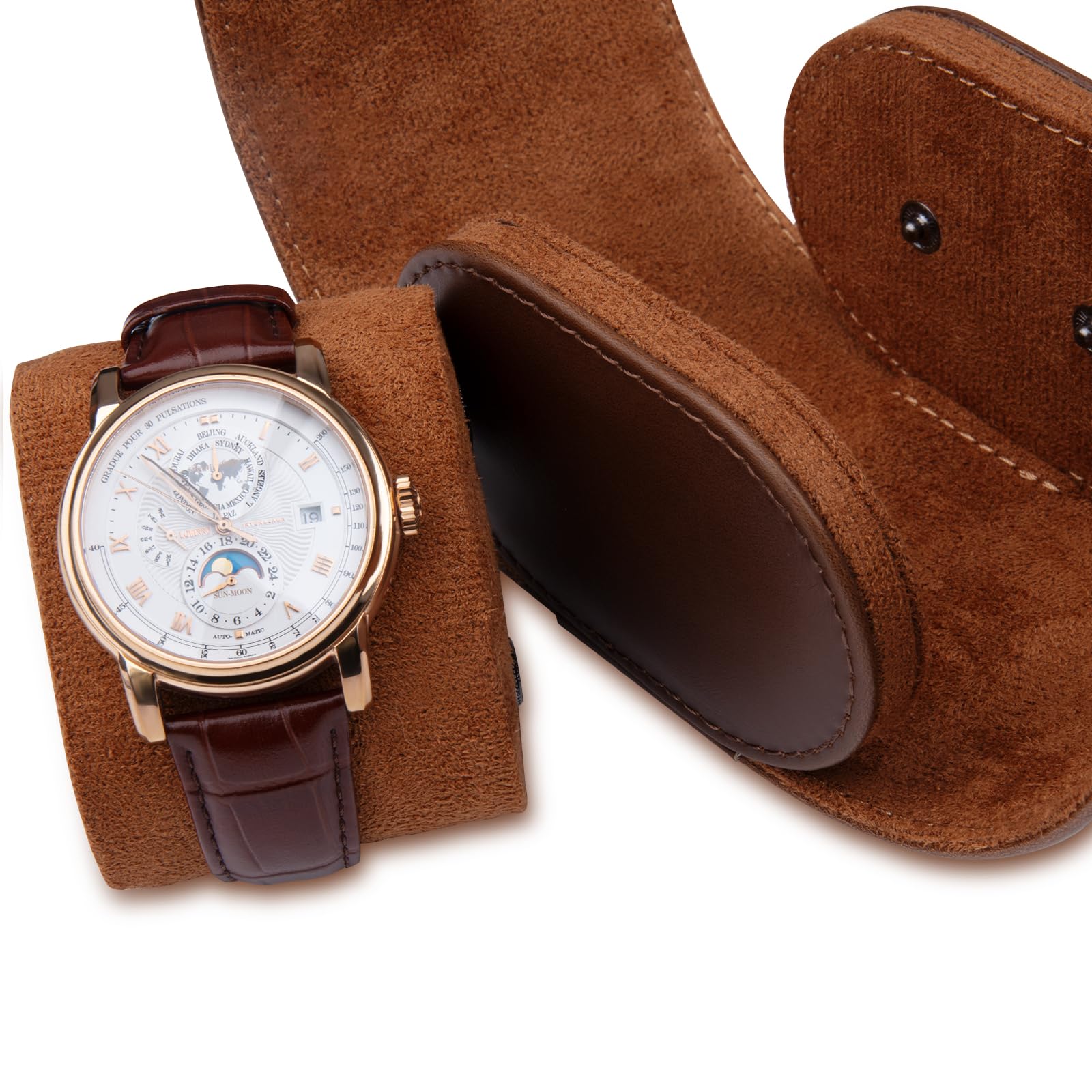 1 Slots Zylindrische Uhrenbox, Uhrenrolle Reisetasche Vintage Uhrengehäuse für Männer Frauen - Braun Upgrade-Version
