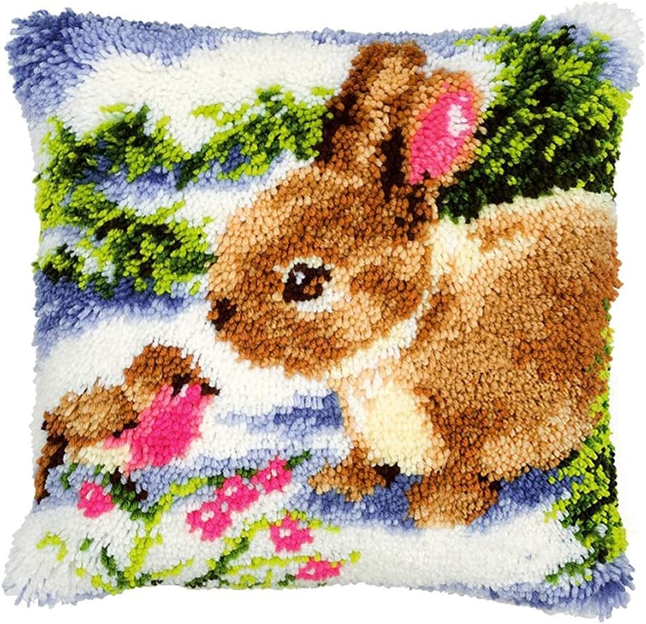 clubevy Latch Hook Kits for Adults Beginner Throw Pillow Cover Sofa Cushion Cover Embroidery Set DIY Cross Stitch, Rabbit 17x17 Inches