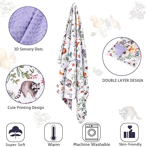 Miniatura 6 de CARUILI Manta de bebé, mantas de vellón morado para niños y niñas, manta de Minky portátil cálida y suave con estampado de animales del bosque, para