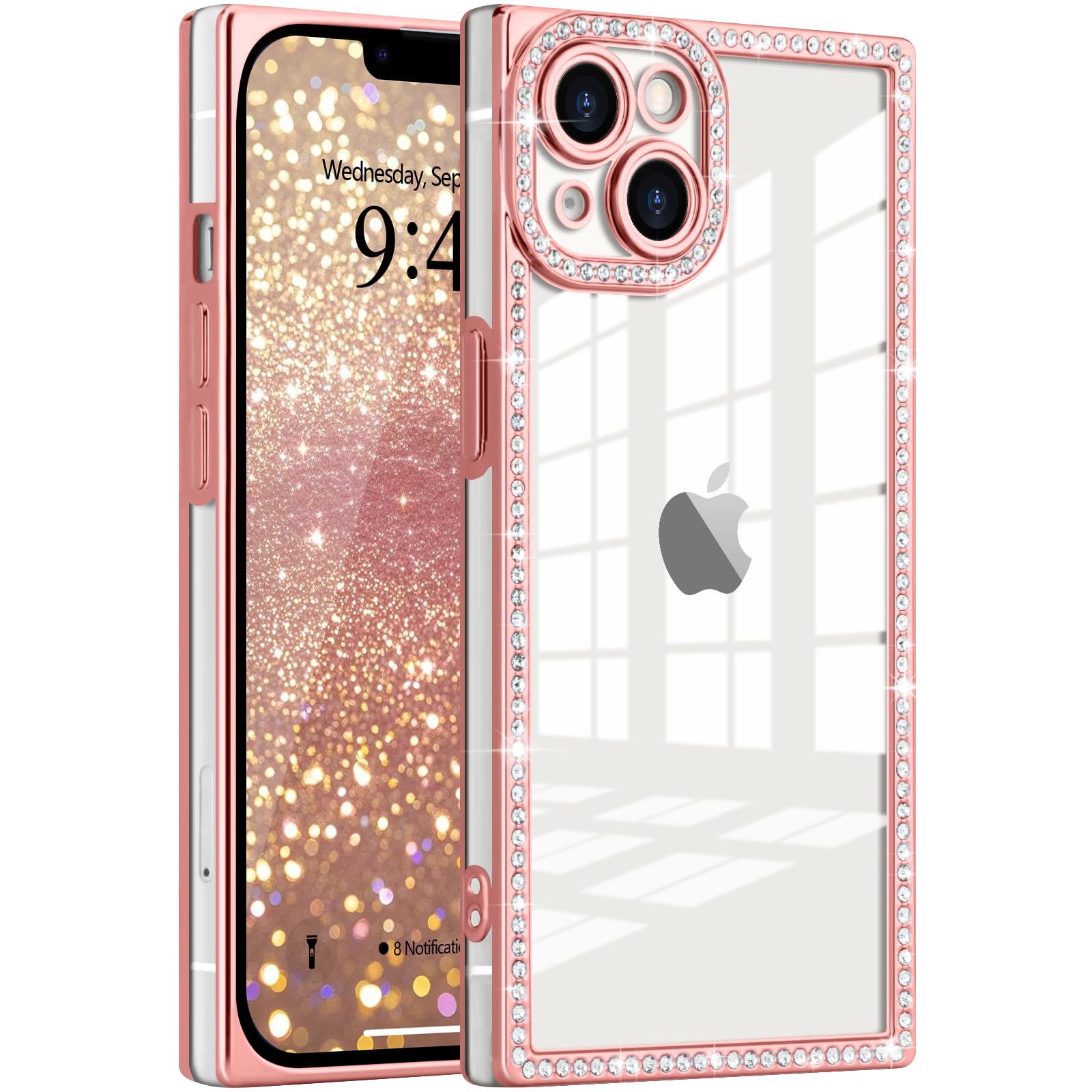 ROSEHUI Clear Glitter Phone Case for iPhone 14, Girly Luxury Bling Sparkly Diamond Rhinestones Soft TPU Plating Rectangle Edge Camera Protection