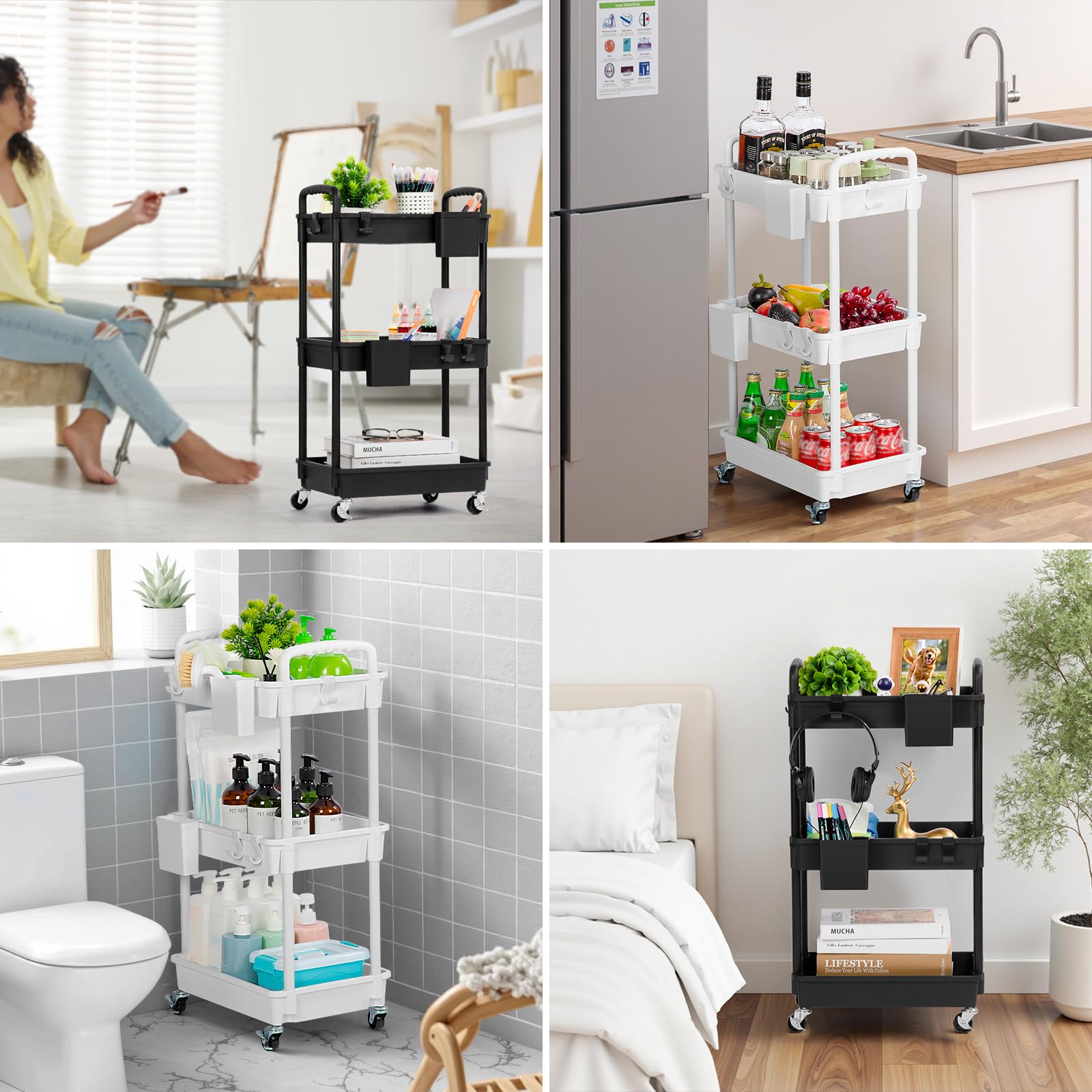 FoiiLiio Carrello Cucina a 3 Ripiani,Carrello portaoggetti,Carrellino con Ruote Portatutto con 2 Piccoli Organizzatori,Stoccaggio Carrello,Portaoggetti Multifunzionale per Bagno,Ufficio,Bianca