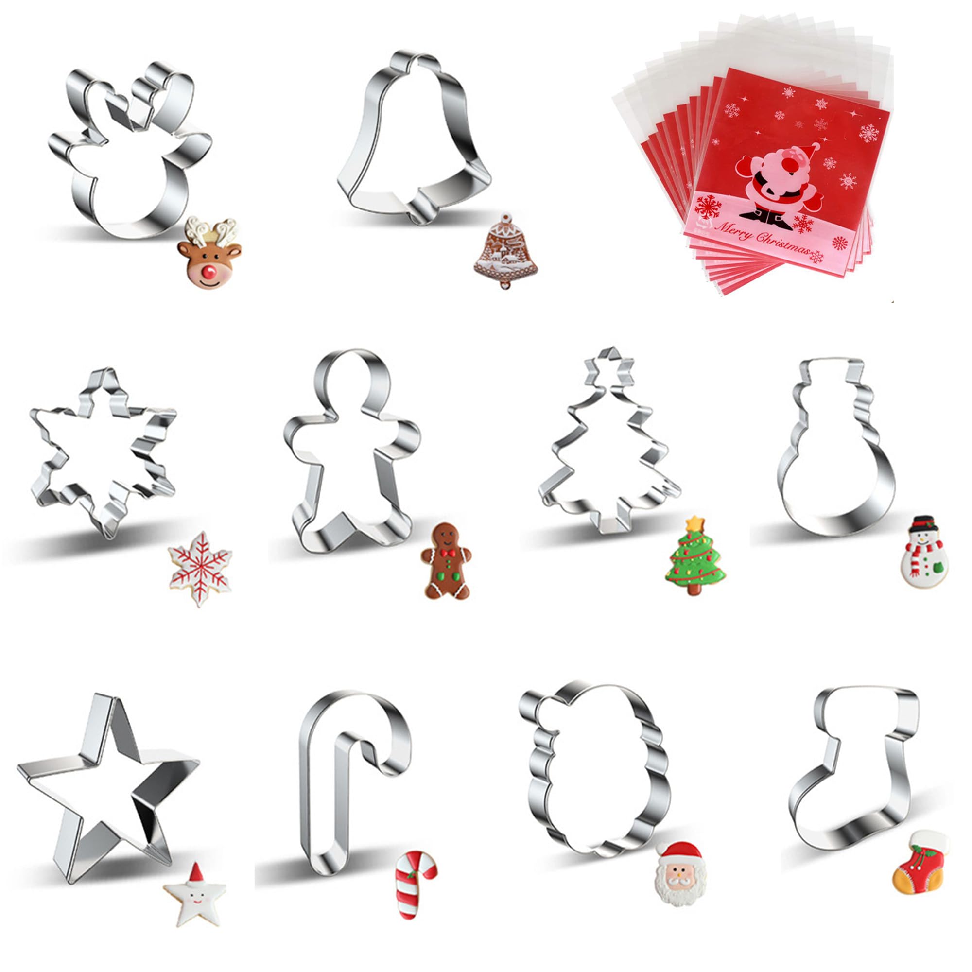 Juego de 10 cortadores de galletas de Navidad de acero inoxidable con Papá Noel, copo de nieve, ciervo, árbol de jengibre, muñeco de nieve, calcetín con 100 bolsas de dulces autoadhesivas para