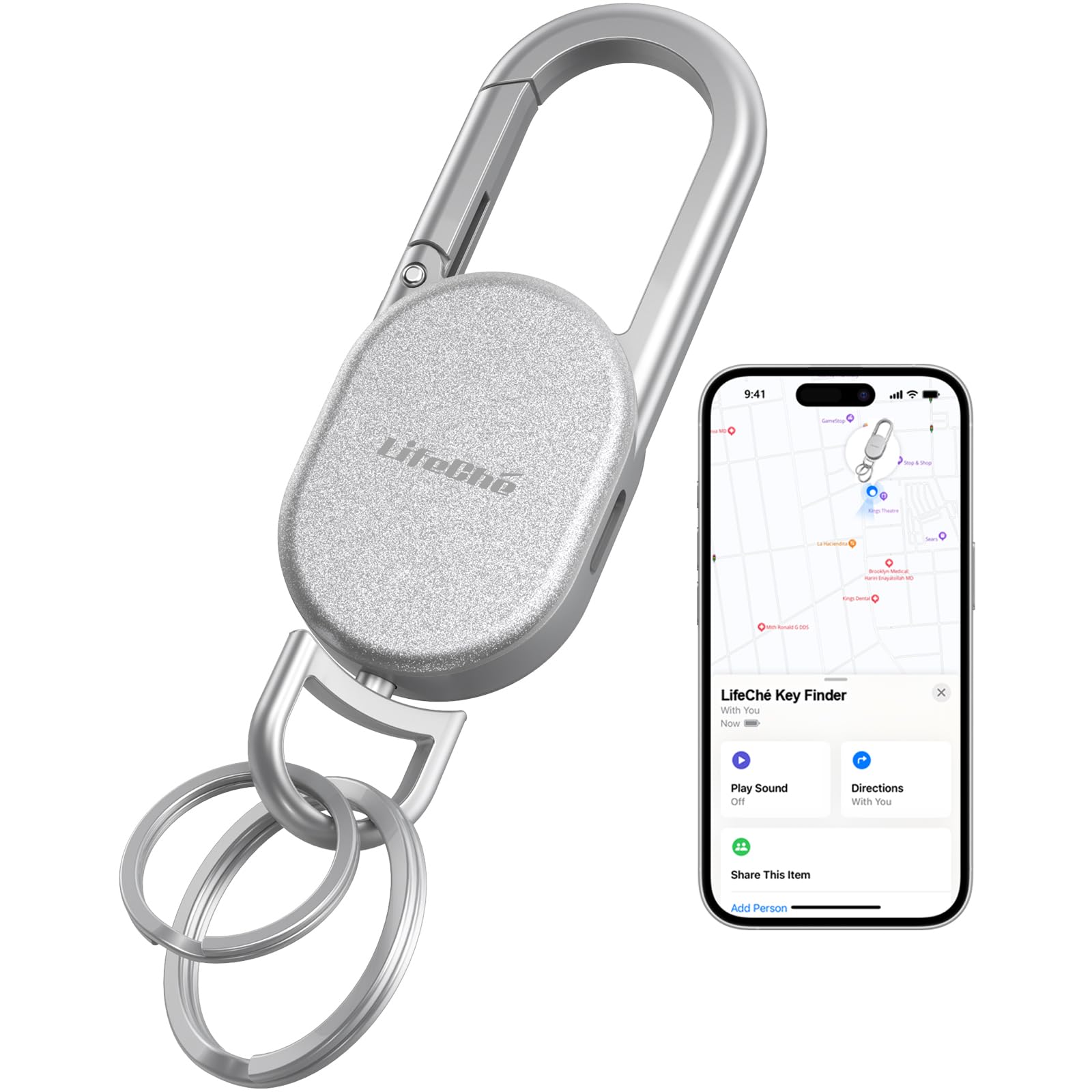 Portachiavi con localizzatore integrato anti-smarrimento, resistente, portachiavi in acciaio inox di alta qualità, con moschettone, con GPS Global Locator Tracking, impermeabile, argento