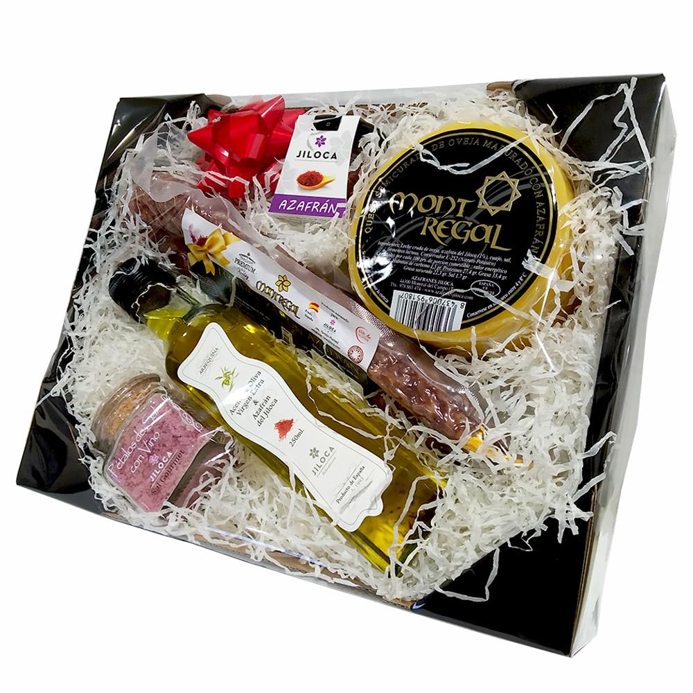 Jiloca Azafranes Cesta Navidad Gourmet para Regalar, Lote para Ocasiones Especiales con Embutidos Delicatessen, Aceite de Oliva, Queso de Oveja, Longaniza, Pétalos de Sal, Azafrán Hebra Selección