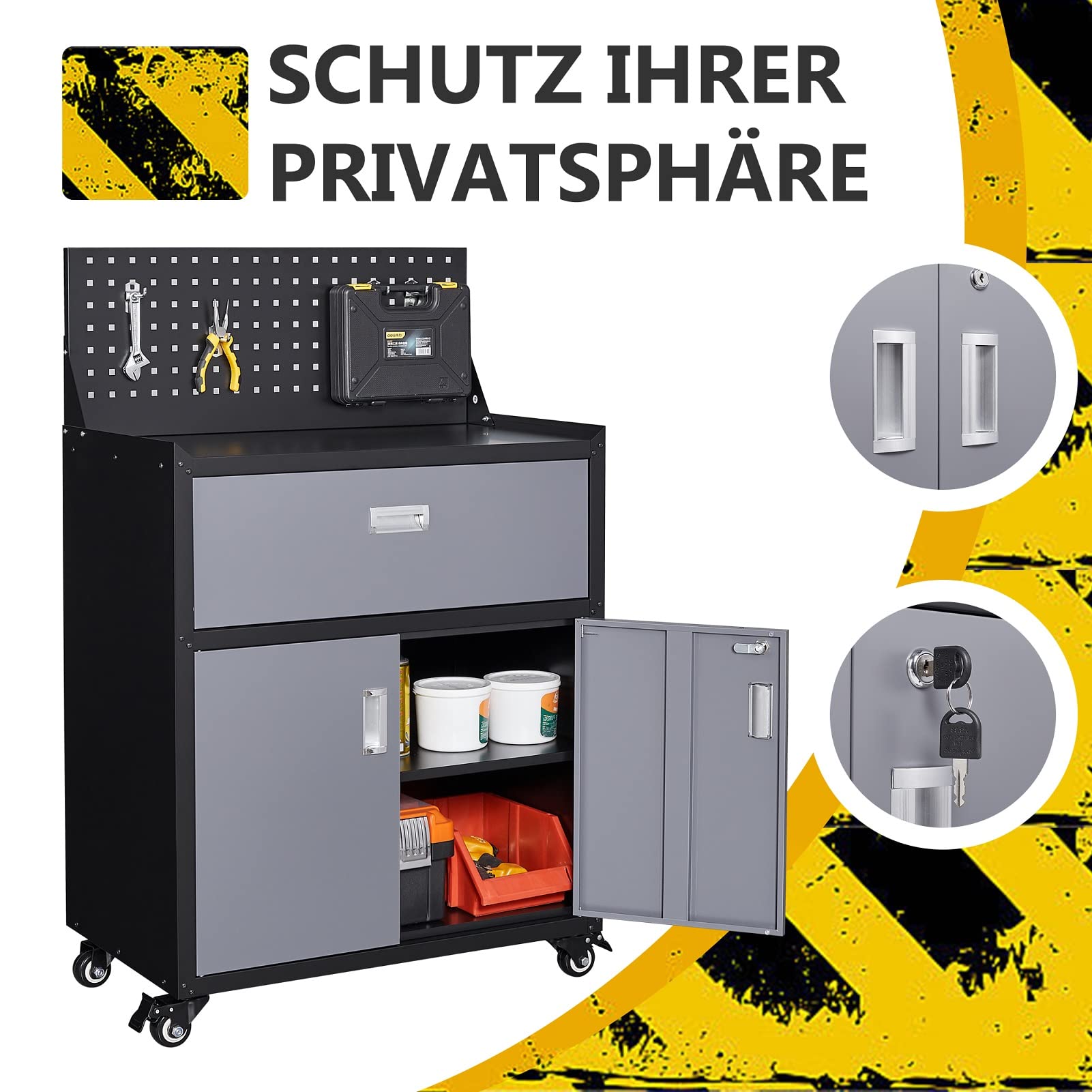 Sightlife Werkzeugschrank mit Schubladen Werkstattwagen Garagenschrank mit Rädern und 2 verschließbaren Türen, Garagentruhe ideal für Werkzeuge und Zubehör
