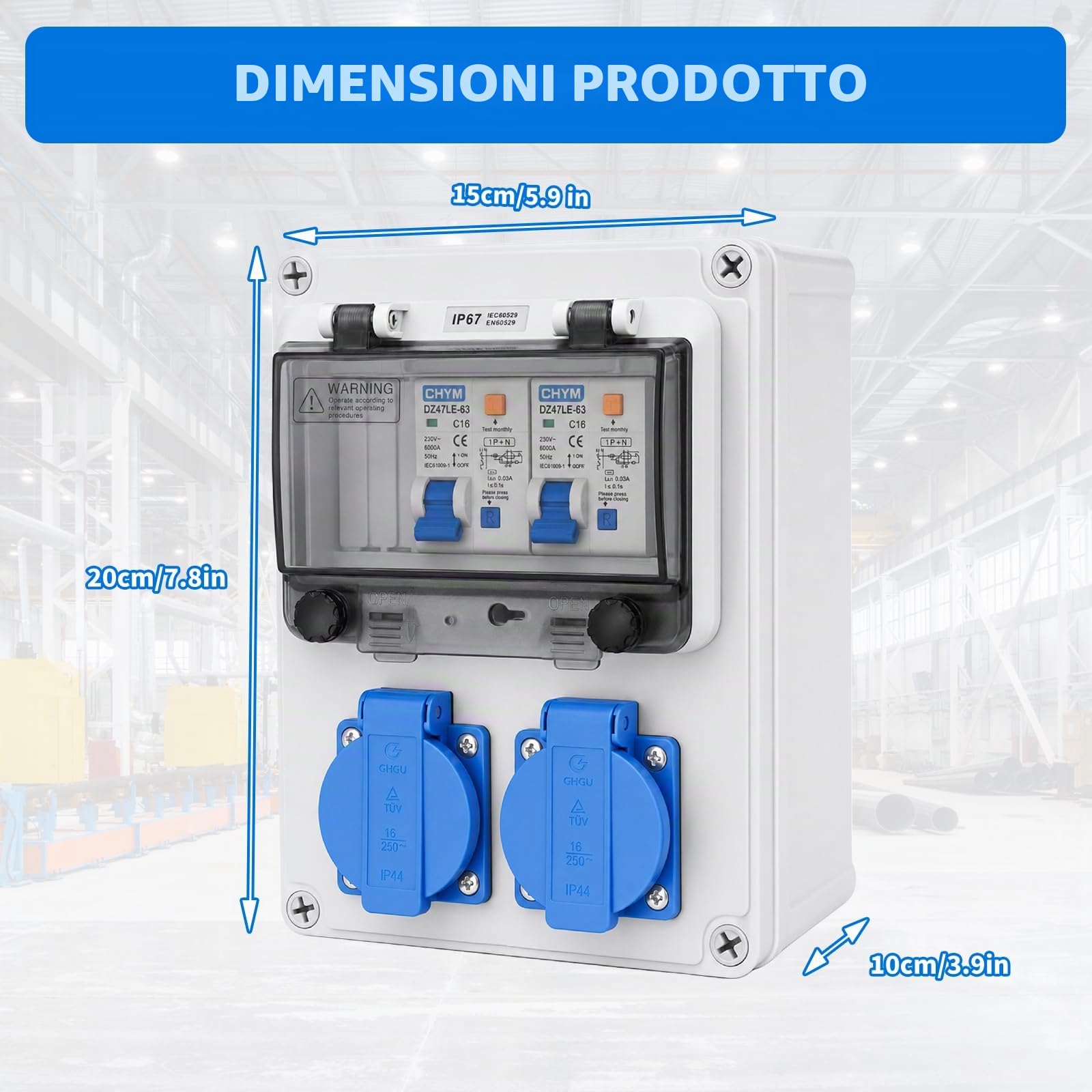 Distributore di corrente da 16 A, distributore a parete con interruttore automatico C16A e interruttore differenziale 25A, IP44, per uso interno ed esterno nei cantieri (2x16a 230V, LS+FI)