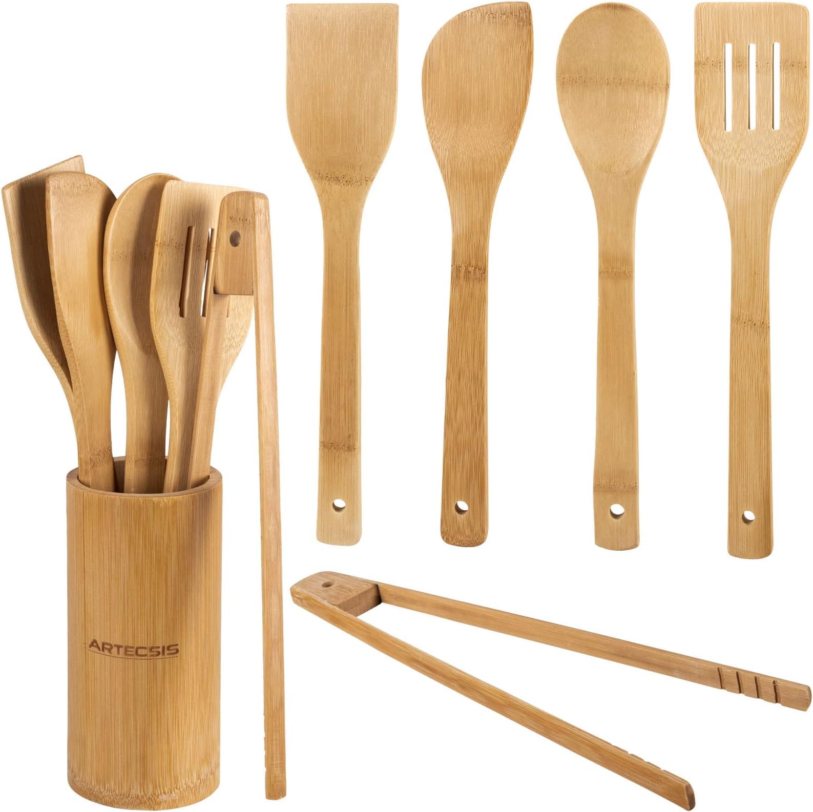 Kitchen Set, consisting of 5 Bamboo Kitchen Utensils and Utensil Holder (2 spatulas, 2 Cooking Spoons, 1 Pair of Grill Tongs)
