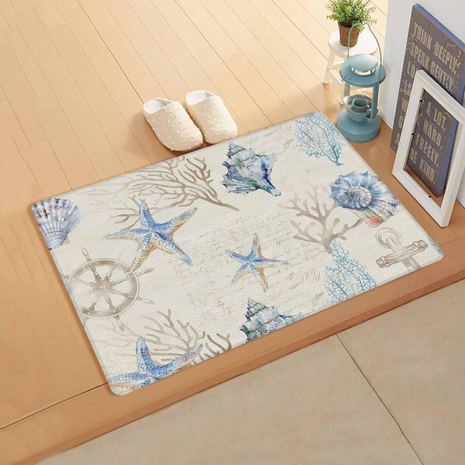 Nautical Anchor Antifatigue Kitchen Bath Door Mat Cushioned Runner Rug,Washable Welcome Floor Sink Mat,Waterproof & Non-Slip Kitchen Standing Doormat,Coastal Starfish Shell Conch Coral Blue 20
