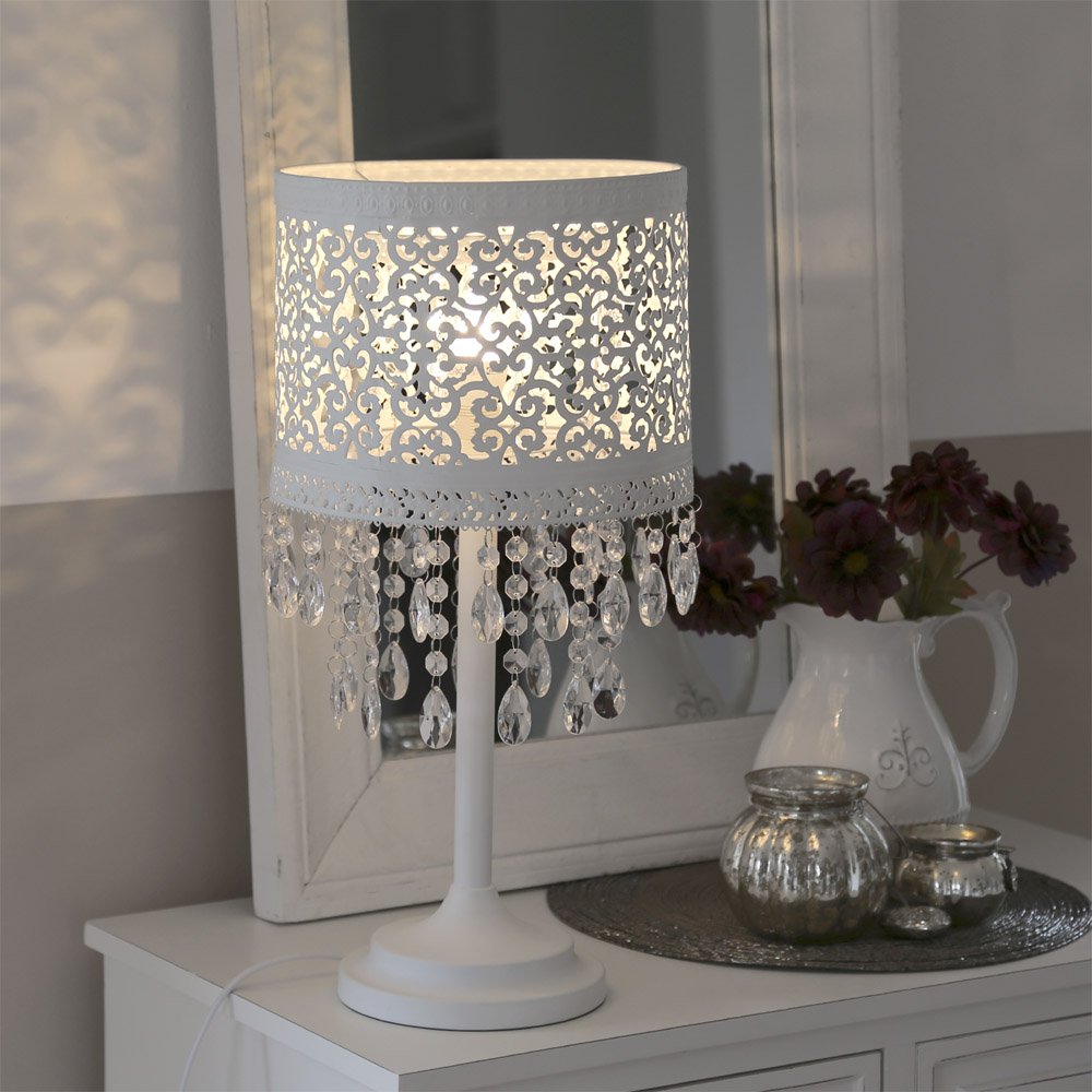 Lampada da tavolo Marrakech, in metallo bianco con motivi orientali e cristalli