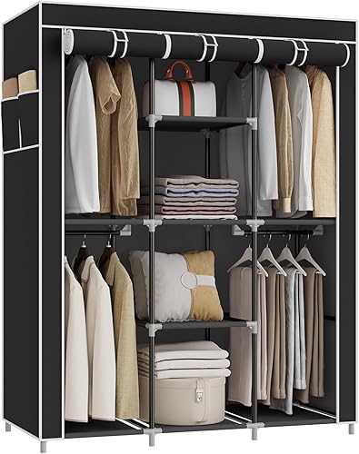 Armario portátil para colgar ropa, organizador de armario de almacenamiento para dormitorio, 4 estantes de almacenamiento, 4 varillas para colgar,