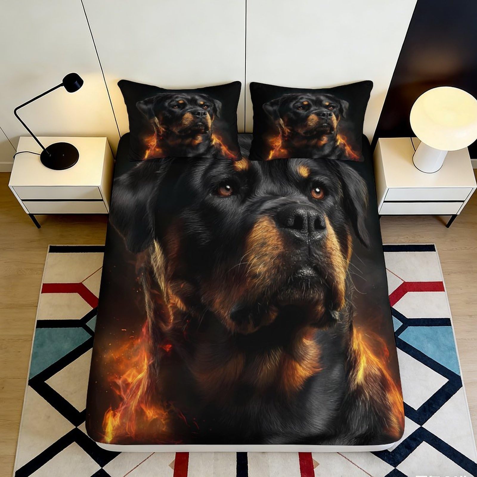 3D Printed Rottweiler Fire Art Fitted Sheet Microfiber Anti-Slip Mattress Cover for Bedroom Dorm Decor, Washable 200x200x25cm