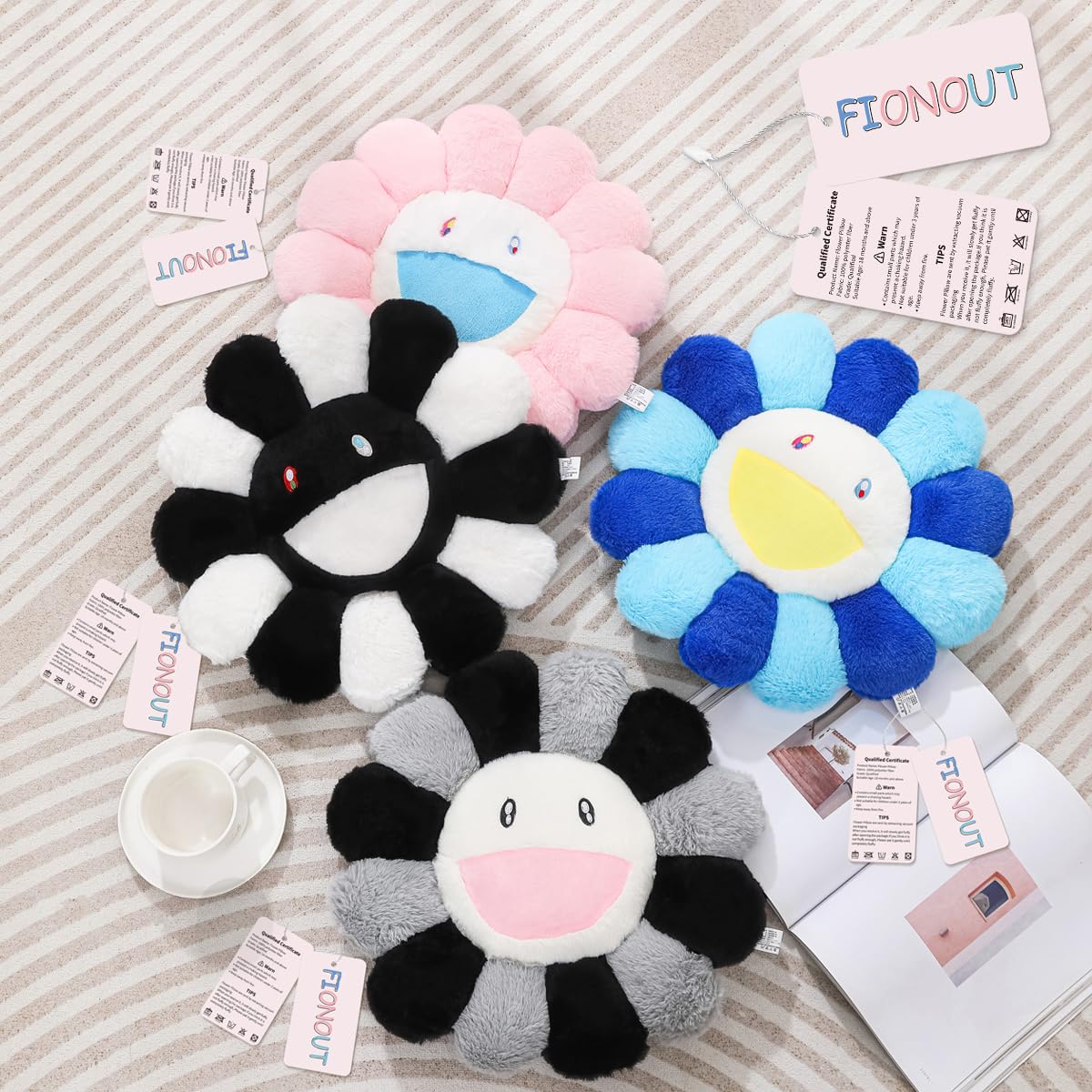 FIONOUT Smile Face Flower Pillow, Black and White Plush Cushion, 15.7 Inch — product photo