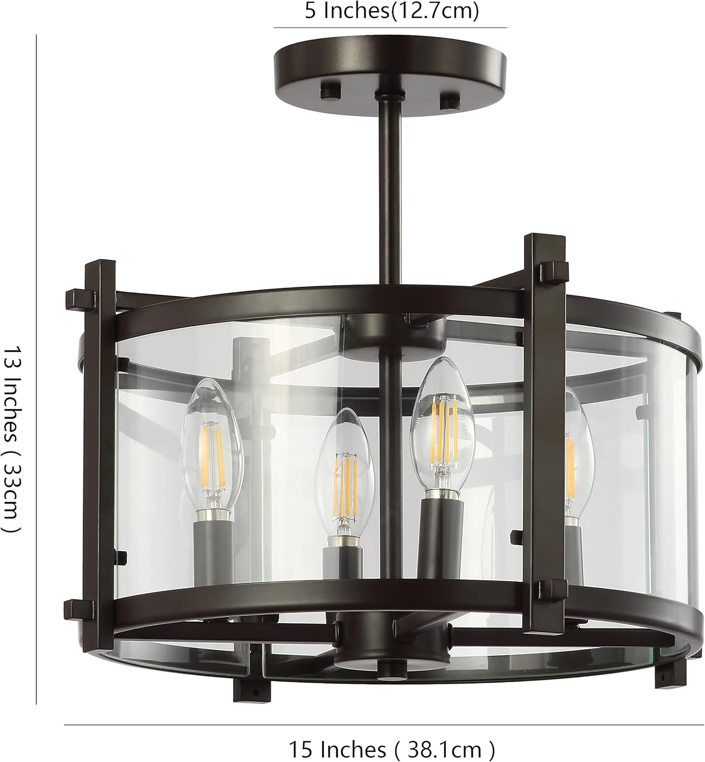 JONATHAN Y 15" Oil Rubbed Bronze 3-Light Iron and Glass Modern Drum LED Flush Mount, Industrial Farmhouse Ceiling Light for Hallway Entryway Kitchen, LED Bulbs Included JYL6700A