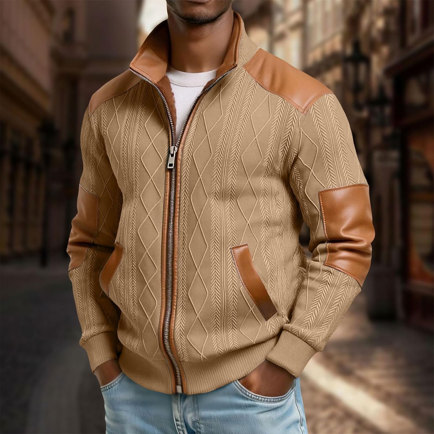 Sherpa Lined Jacket Men Vintage Textured Patchwork Jacket Full Zip Long Sleeve Sweatshirt Western Cowboy Winter Coat