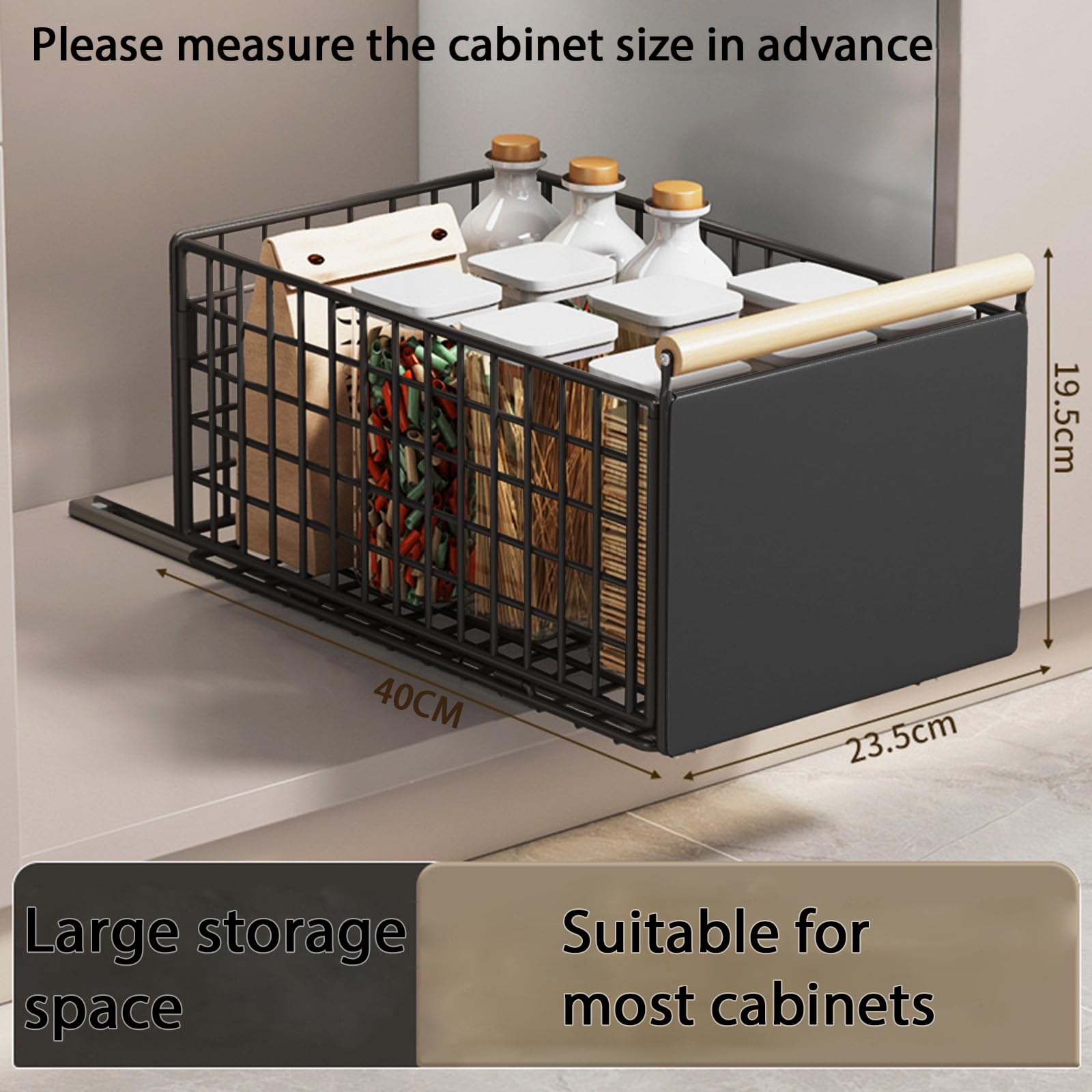 2 cassetti estraibili da cucina, cassetto telescopico, organizer per cassetti più profondi, con guide per cassetti e manico in legno, per mobili da cucina, senza forature (nero)