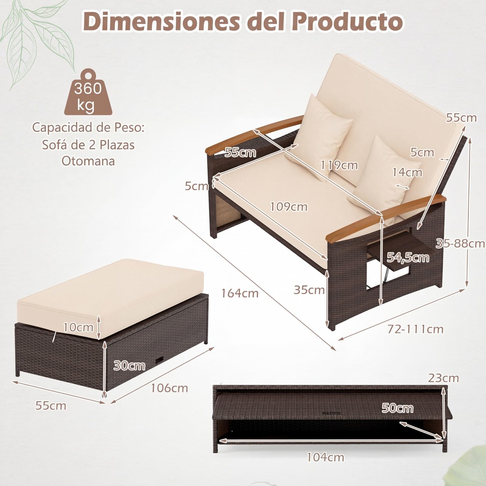 COSTWAY Sofa Exterior de Ratán con Reposapiés de Almacenamiento, 2 Plazas Tumbona Acolchado, Cama Respaldo Ajustable de 4 Niveles, Bandejas Laterales Retráctiles