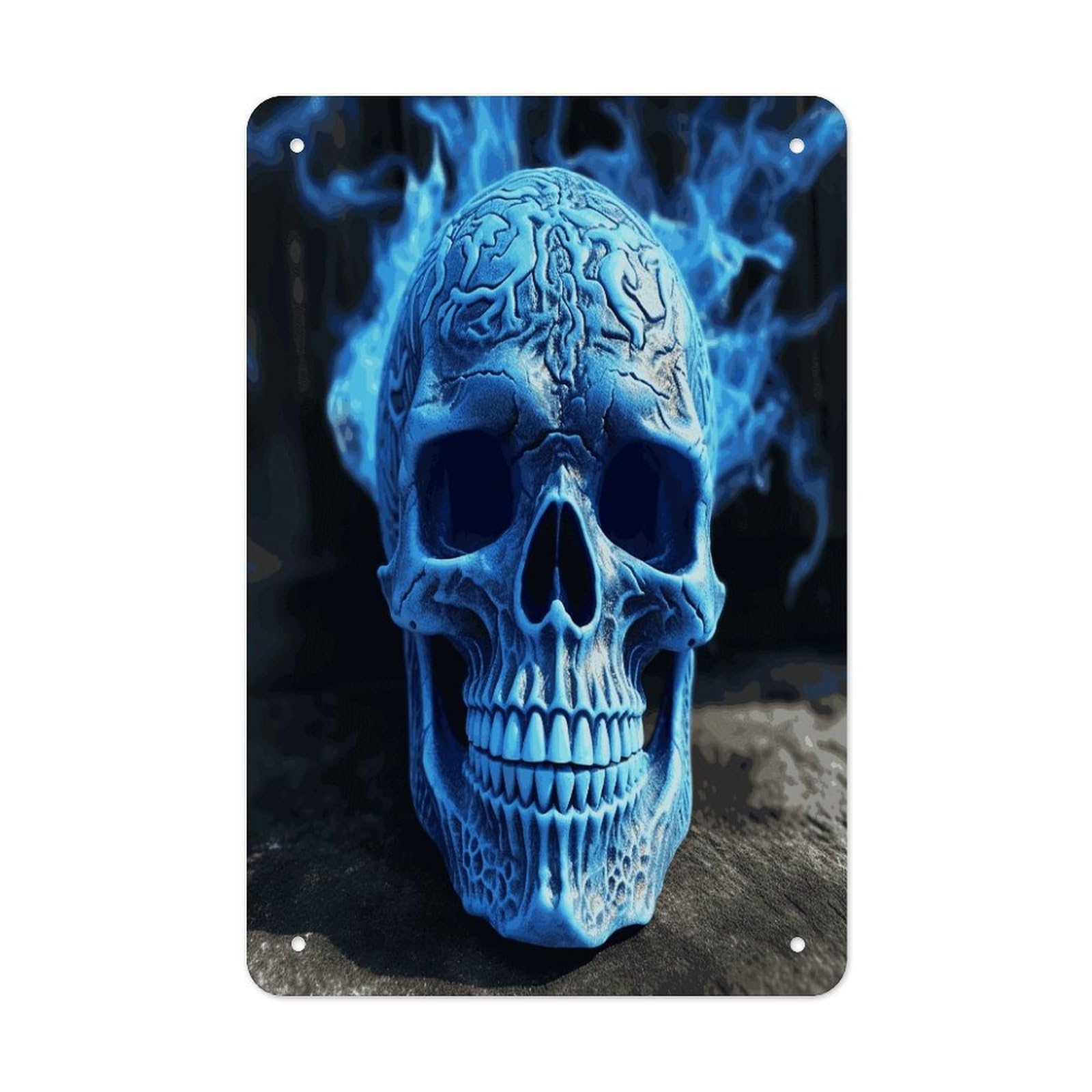 Btcowzrv Style 3D Print Blue Skull Metal Tin Sign Wall Decor Hanging Plaque