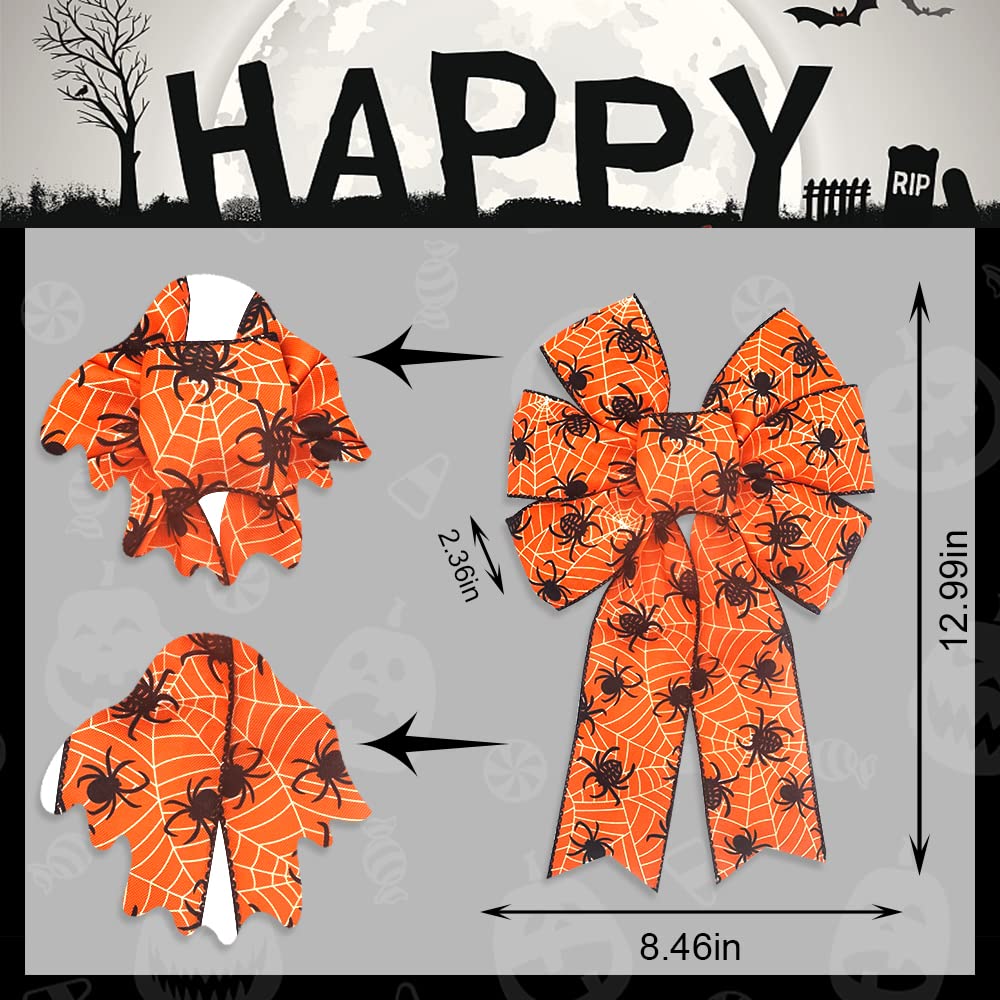 ALIBBON 2Pcs Halloween Bows for Wreaths, Halloween Wreath Bows, Orange Bows, Web Spider Bows for Front Door, Halloween Decor, Burlap Bows for Wreath Indoor Outdoor Wall Decorations