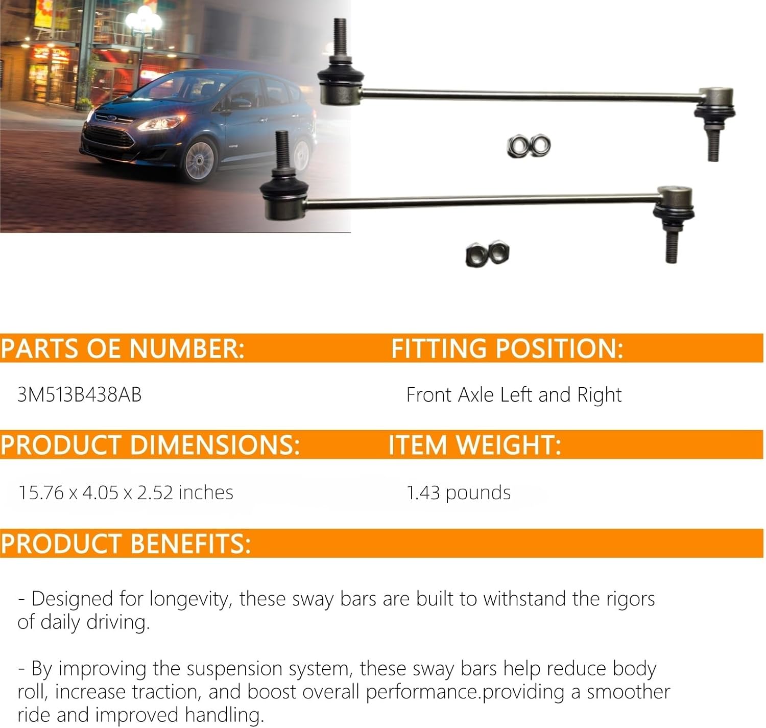 K80880 Stabilizer Bar Link Front Left and Right Compatible With VOLVO(C30 C70 S40 V50) OE 3M513B438AB