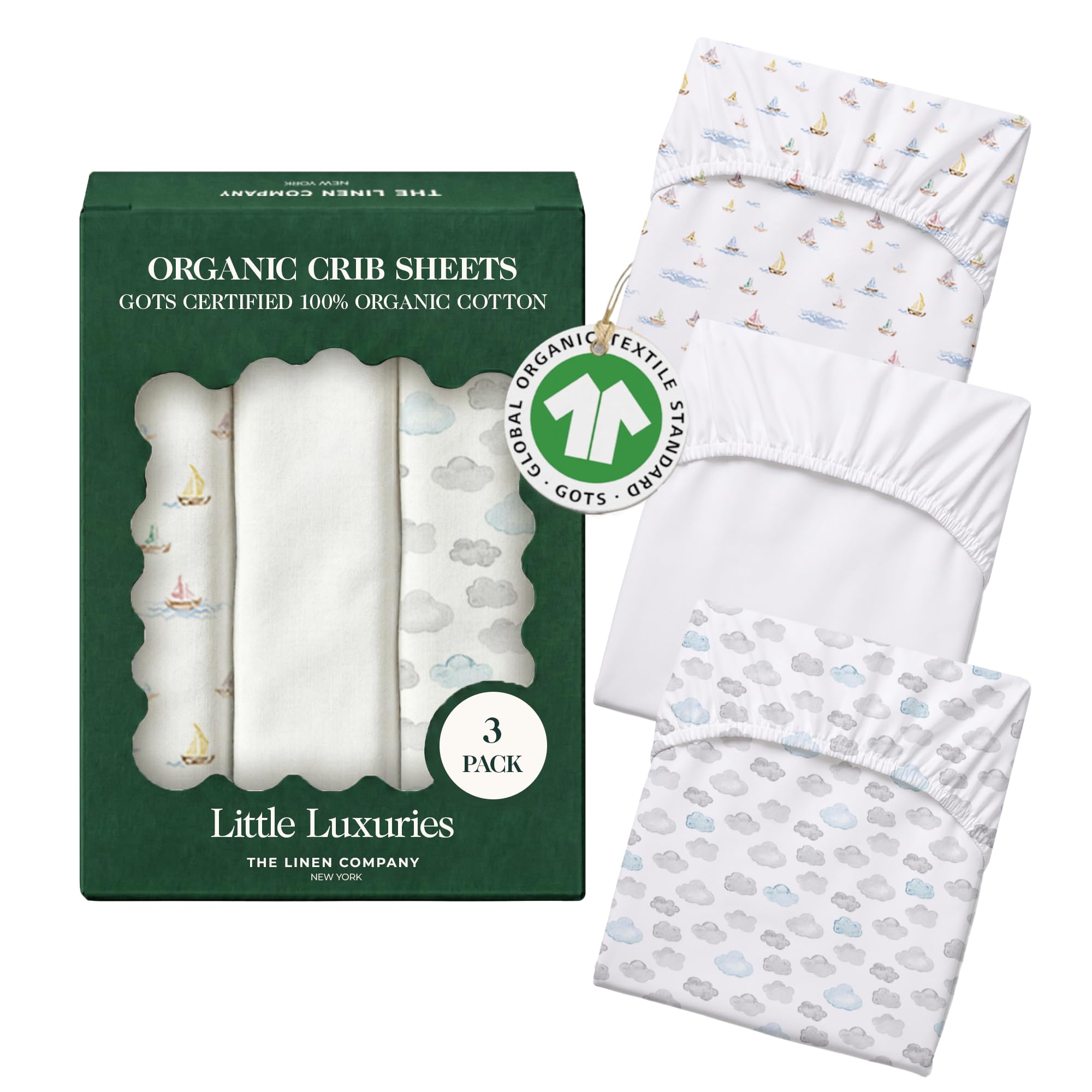 100% Organic Cotton Baby Crib Sheets (3-Pack) – GOTS Certified, Soft Fitted Sheets for Mini Mattress &amp; Pack n Play, 5" Deep Pocket with Secure Elastic Fit, Boys &amp; Girls, 28" x 55" (Watercolors)