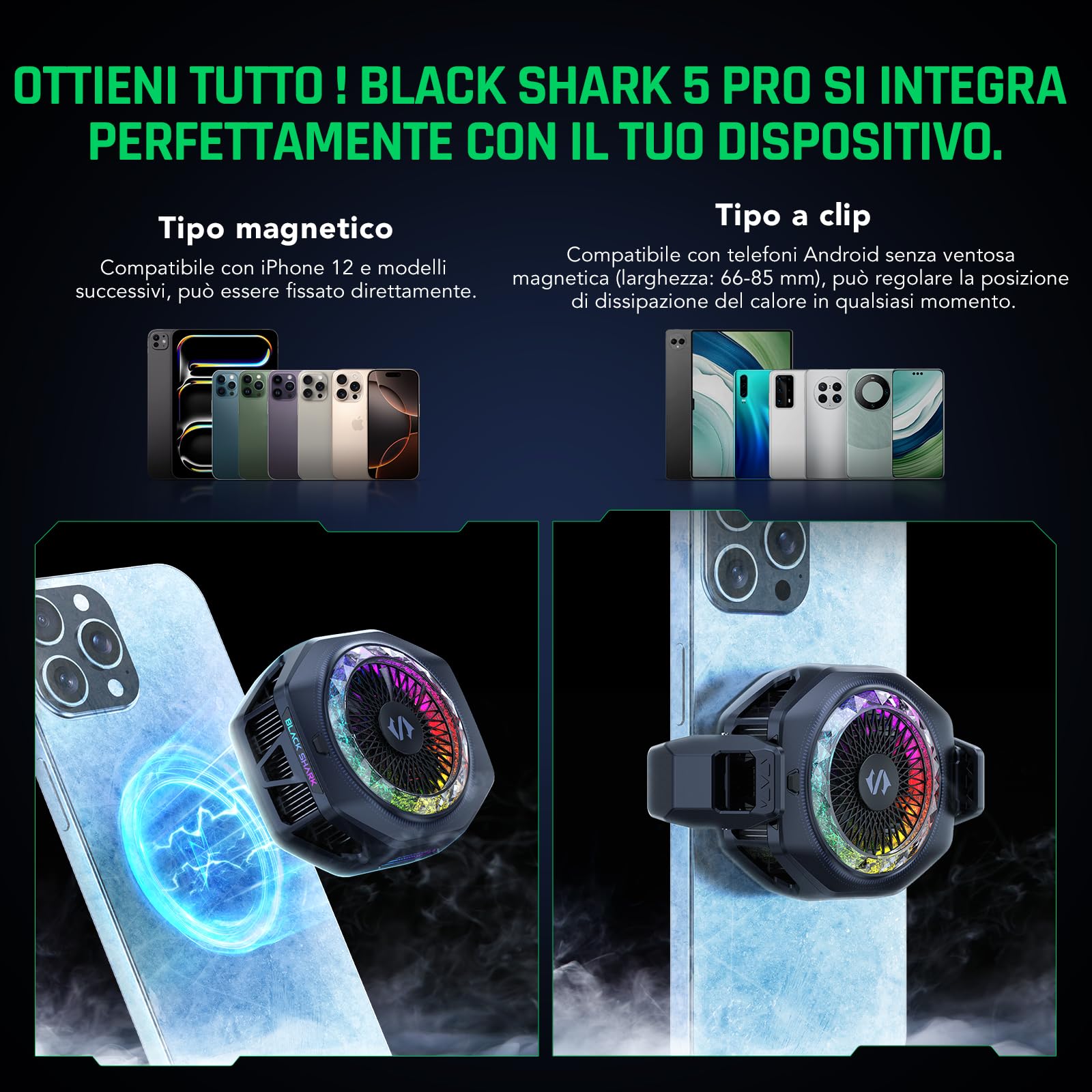 Enfriador magnético para teléfono Black Shark 5 Pro: 18 LED RGB direccionables, empuñadura desmontable, ventilador termostático controlado por aplicación para iPhone MagSafe/Android/iPad
