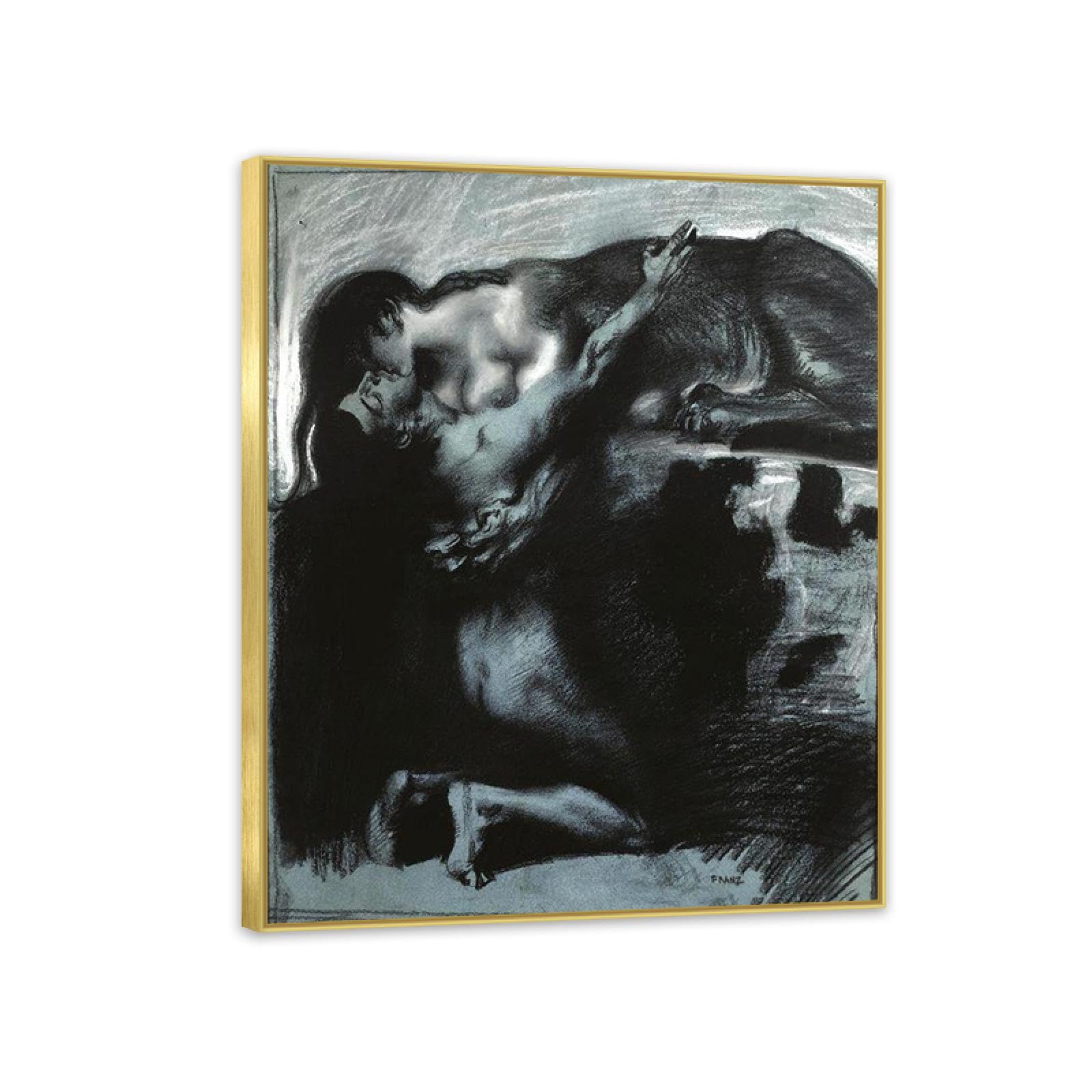 Hau3sh3a Franz von Stuck Wall Art Print Kiss of a Sphinx Famous Giclees Franz Stuck Picture Artwork Wall Decor for Living Room Bathroom Office 90x70cm(36x28in) Gold frame