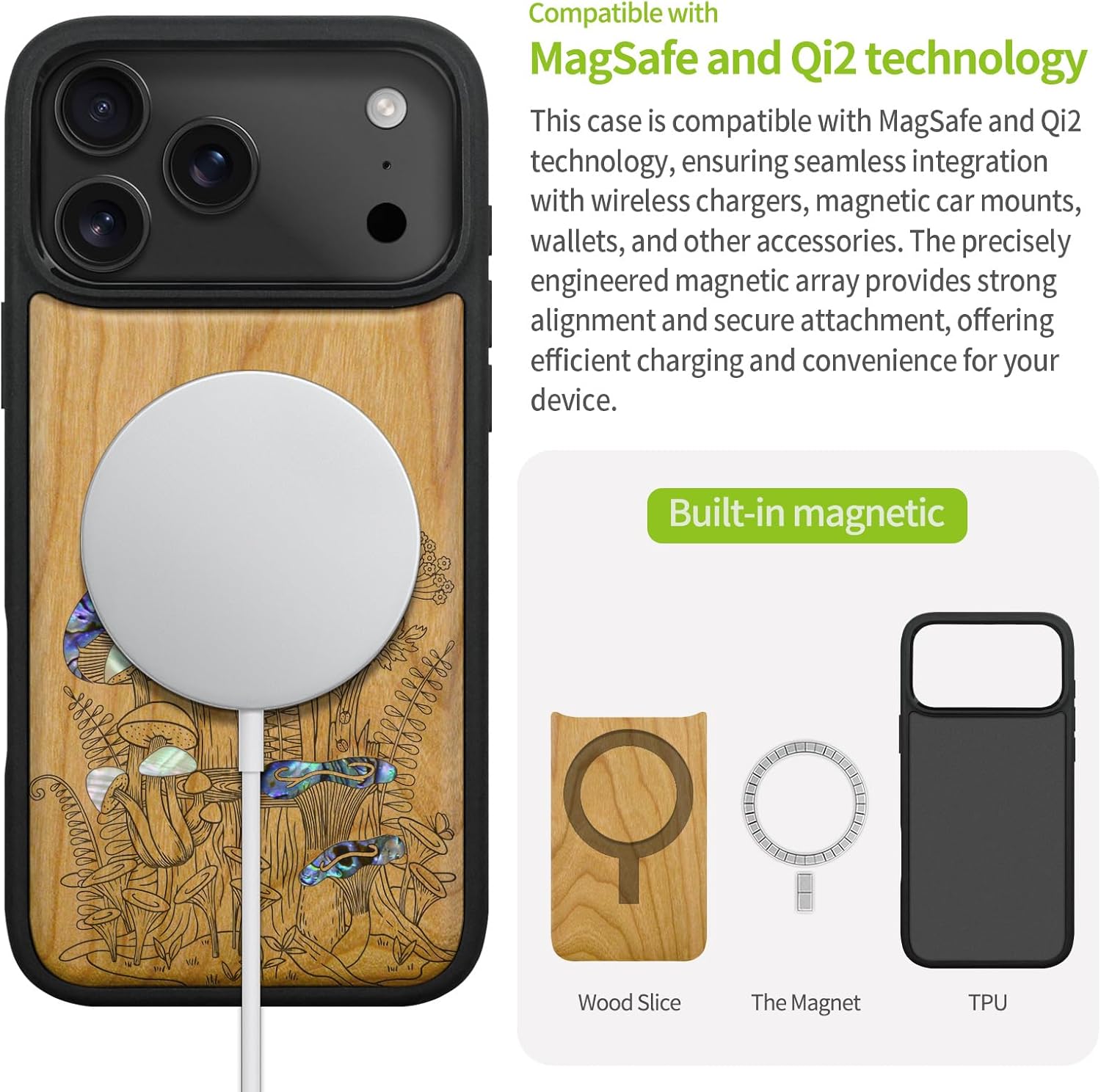 Carveit Magnetic Case for iPhone 17 Pro Max Case, Wood Artisan Engraved & Handmade Shell Inlaid, TPU Shockproof Cover, Compatible with MagSafe Wireless Chargers (Vintage Mushrooms-Cherry)