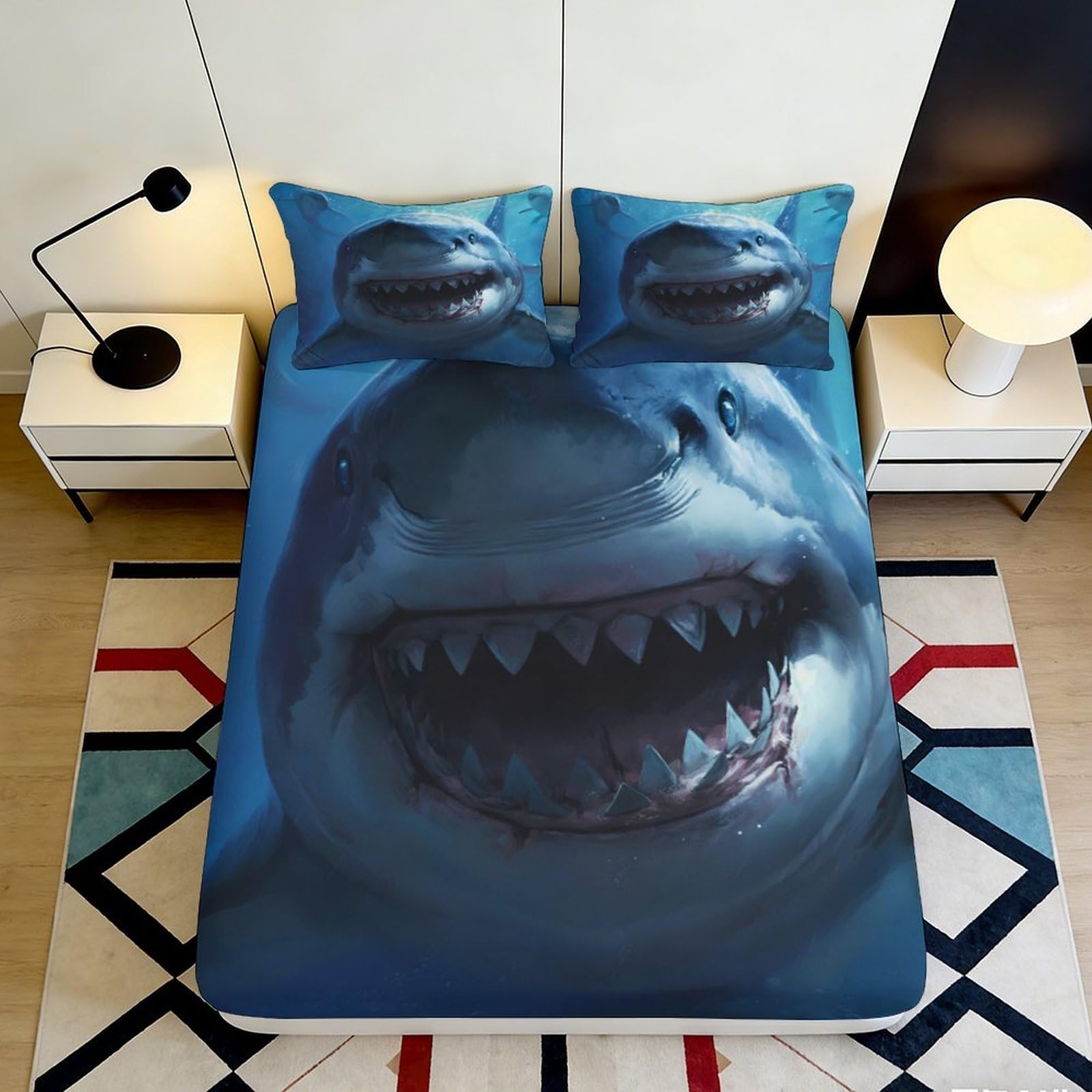 3D Printed Shark Ocean Fitted Sheet Microfiber Soft Blue Underwater Bed Cover for Bedroom Guest Room Decor 90x200x25cm