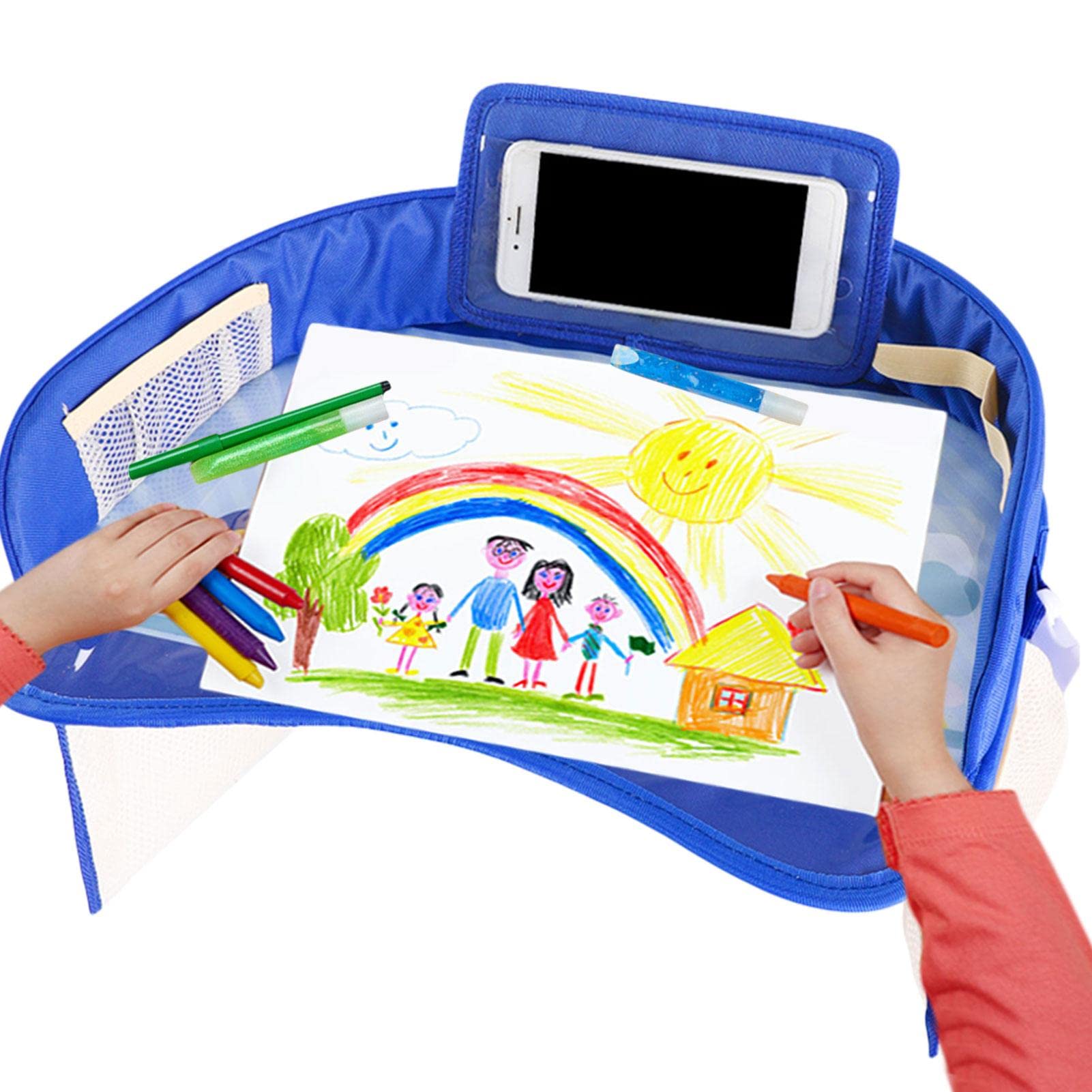 Kinder Reisetisch Knietablett Wasserdichter Auto-Reisetablett mit Netztaschen, Roadtrip-Tablett Kinder Snack und Spiel-Aktivitätstablett Auto-/Kinderwagen-/Flugzeug-/Sitzerhöhung 42x32x8cm