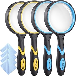 Dicfeos 4 Pack Magnifying Glass, 10X Handheld Reading Magnifier for Kids and Seniors, 3 Inch Non-Scratch Quality Glass Len...