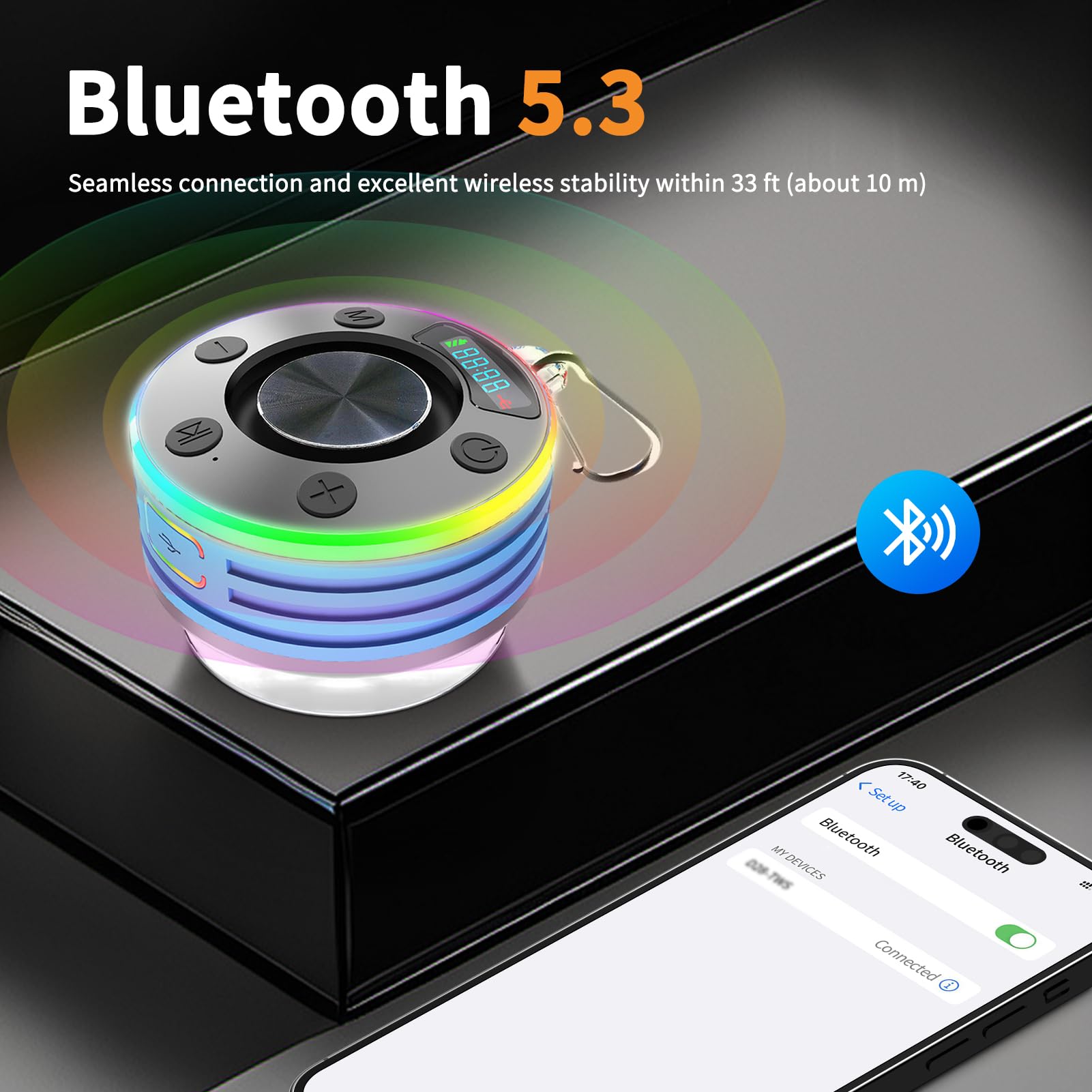 Enceinte Bluetooth Douche, 5.3 FM Radio de Douche Portable avec avec HD Mic, 360° stéréo, Lumière LED, avec Ventouse, Étanche IP7 pour Salle de Bain,Extérieur (Bleu)