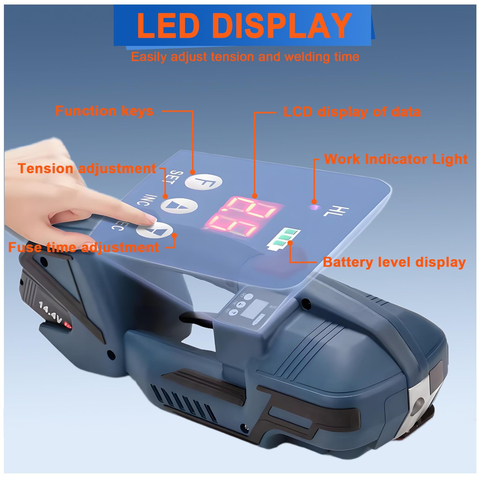 Reggiatrice elettrica, pressa per fusione a caldo in plastica portatile, a batteria, per cinghia in PET PP da 1/2-5/8 pollici, strumento per schermo LCD per imballaggio di scatole