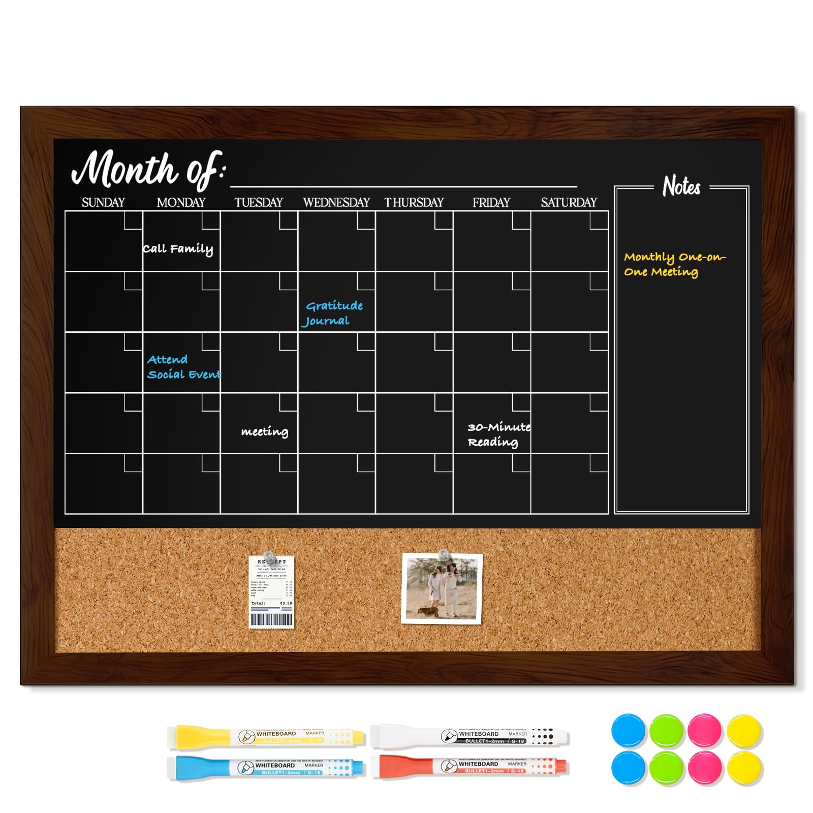 Dollar Boss Pizarra con calendario de corcho, pizarra magnética de 24 x 18 pulgadas para pared, marco de madera rústico, calendario mensual, planificación, menú, tablero, para oficina, hogar, escuela,